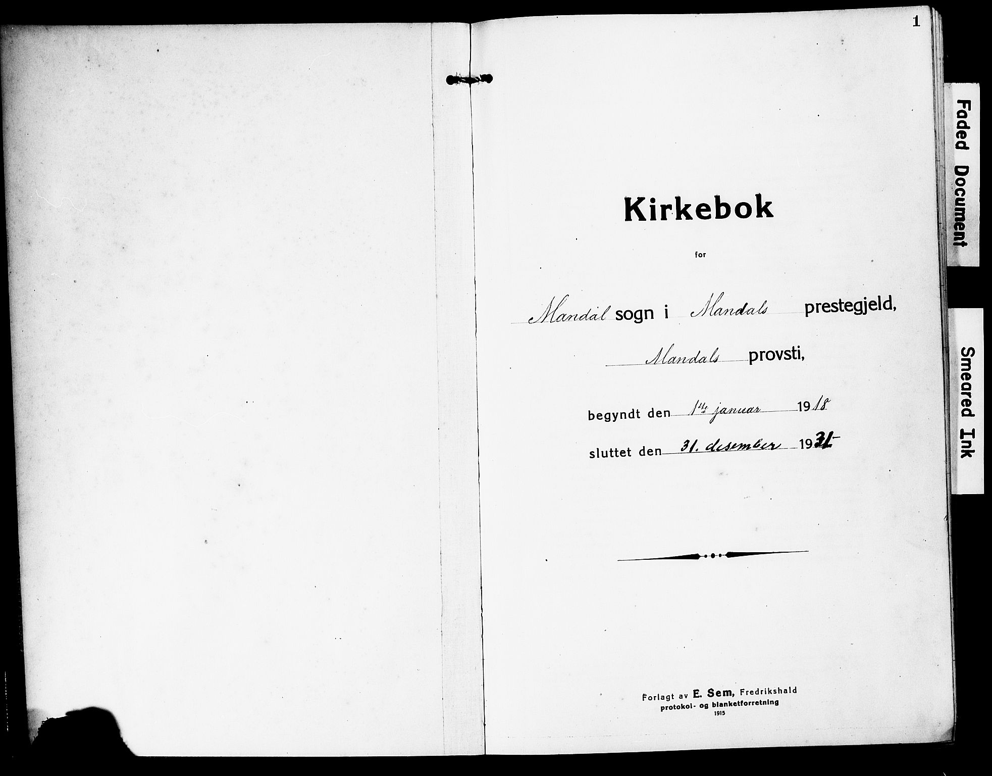 Mandal sokneprestkontor, AV/SAK-1111-0030/F/Fb/Fbc/L0001: Parish register (copy) no. B 1, 1918-1931, p. 1