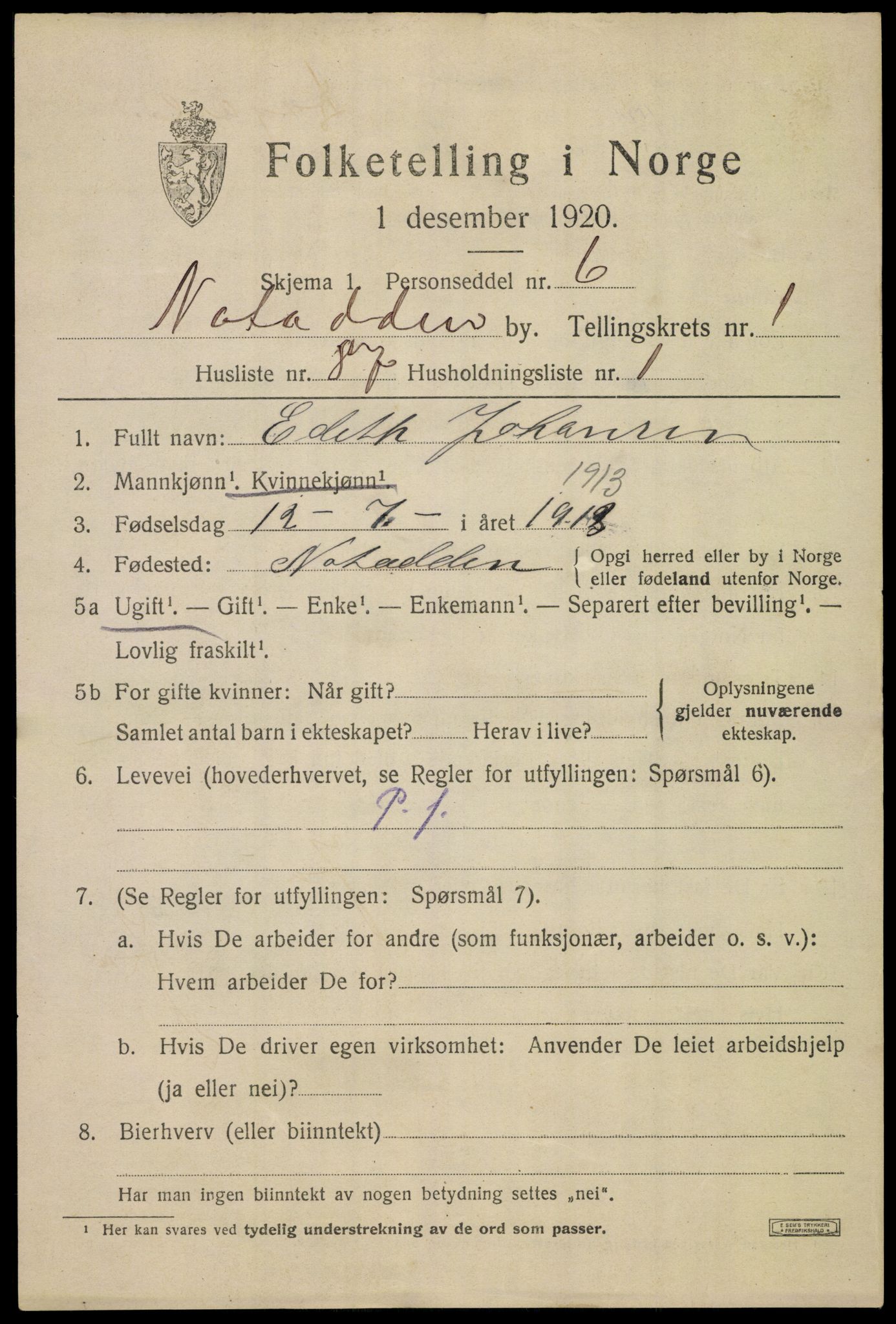 SAKO, 1920 census for Notodden, 1920, p. 6558