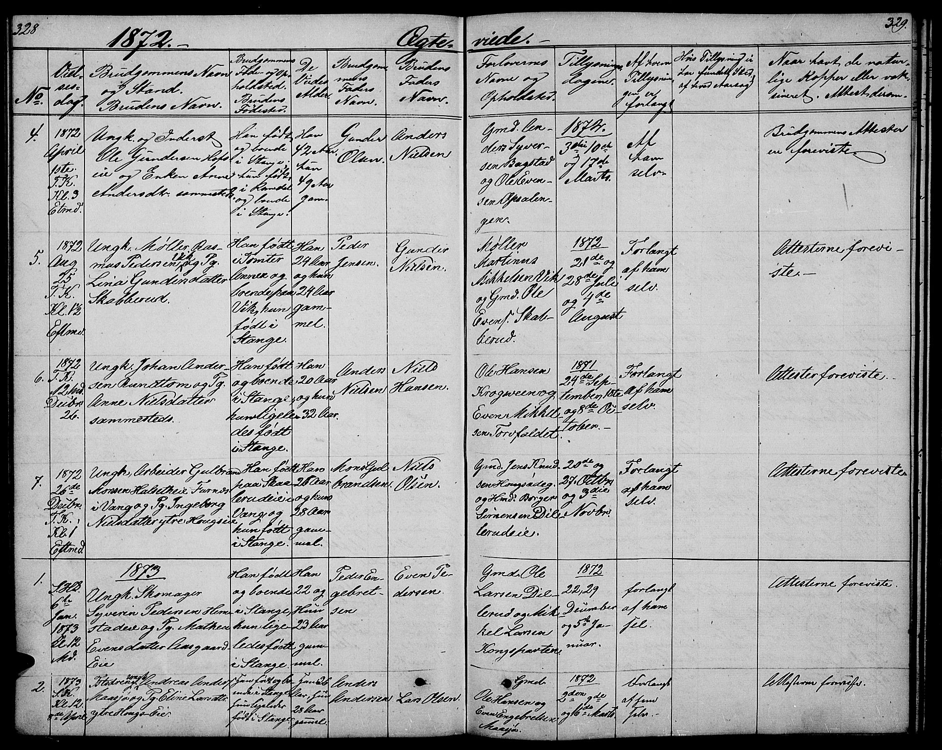 Stange prestekontor, SAH/PREST-002/L/L0005: Parish register (copy) no. 5, 1861-1881, p. 328-329