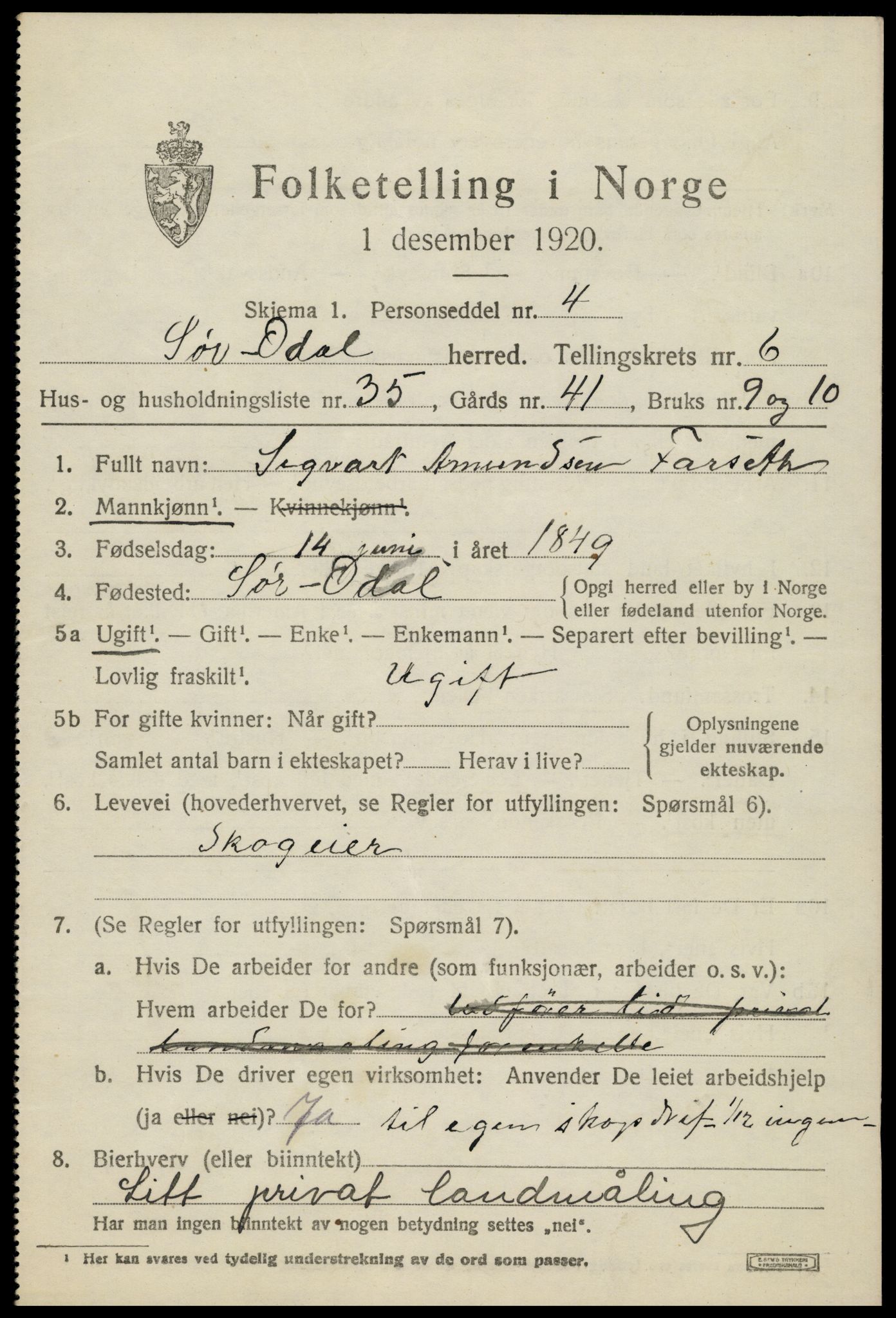 SAH, 1920 census for Sør-Odal, 1920, p. 7189