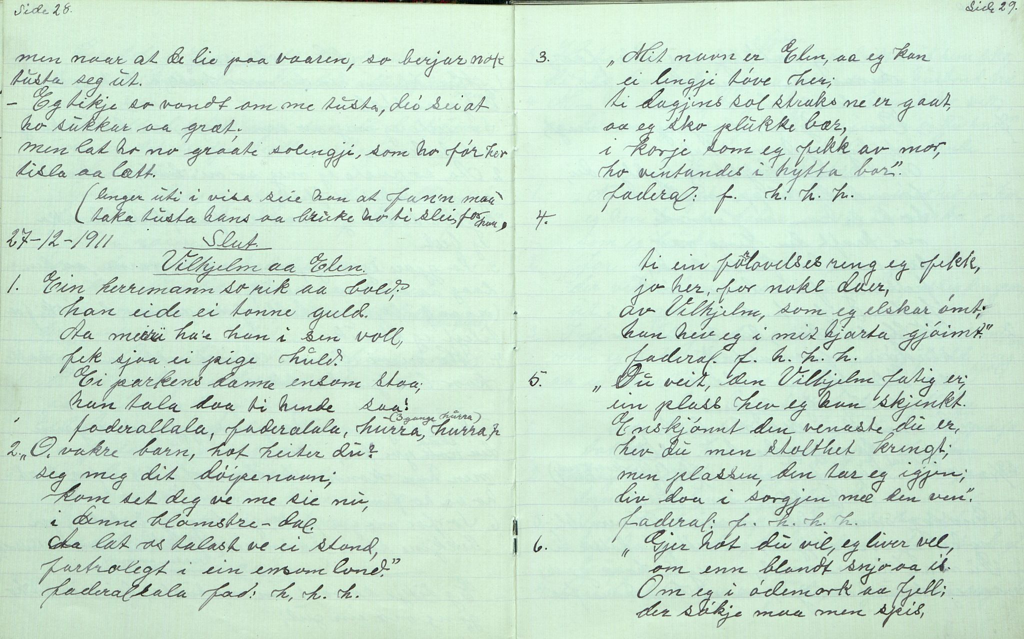 Rikard Berge, TEMU/TGM-A-1003/F/L0006/0044: 201-250 / 244 Uppskriftir av Hallvord Kaldbast, Mo. Ballader, viser, leikar etc. , 1911-1913, p. 28-29