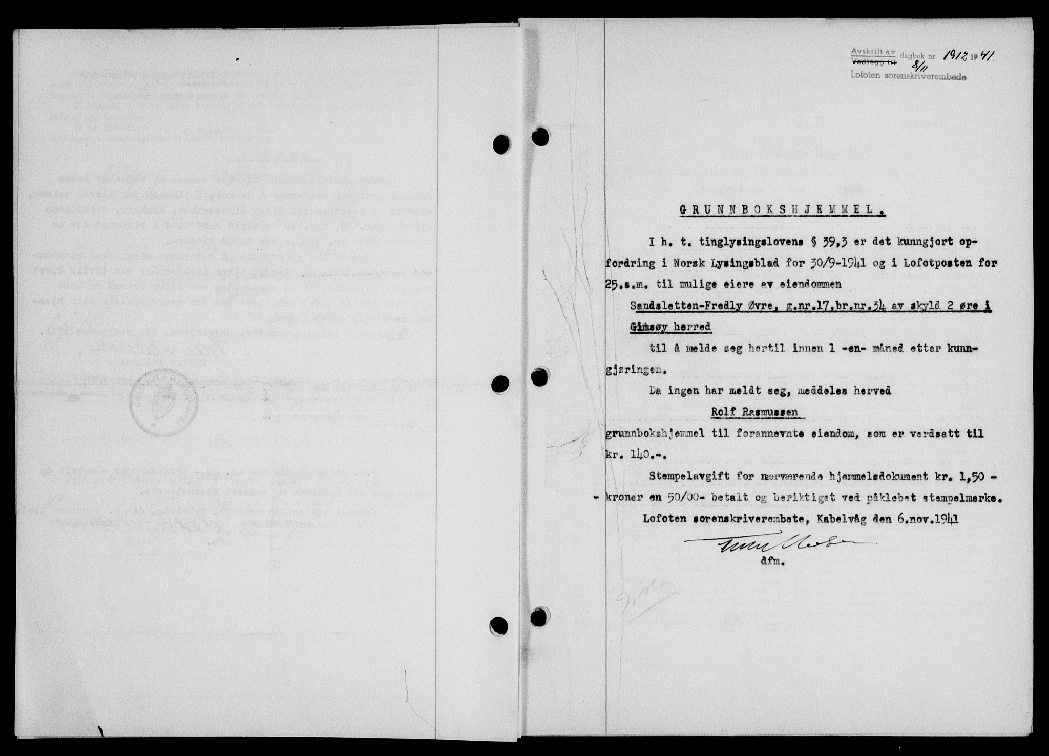 Lofoten sorenskriveri, SAT/A-0017/1/2/2C/L0009a: Mortgage book no. 9a, 1941-1942, Diary no: : 1912/1941
