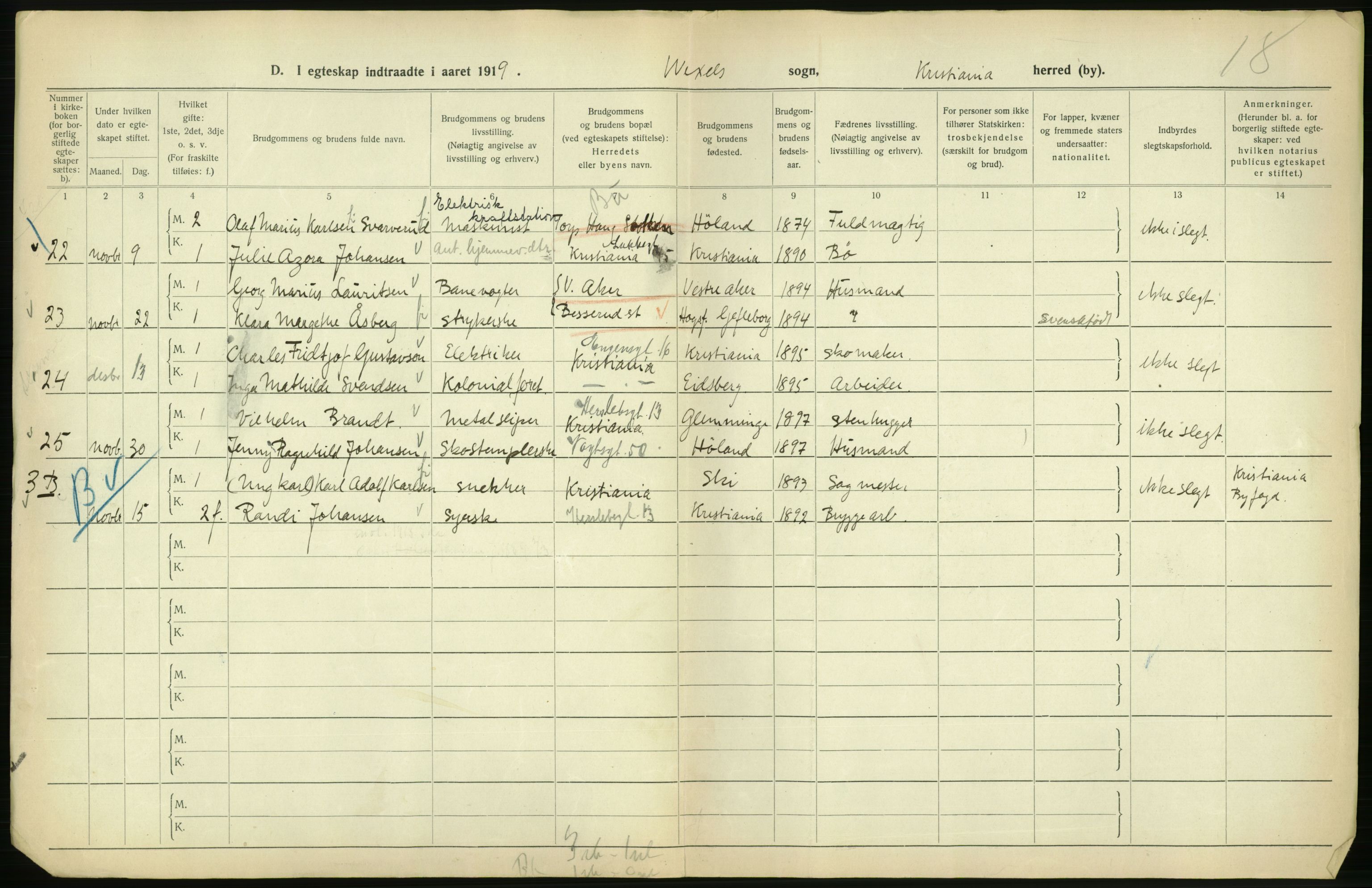 Statistisk sentralbyrå, Sosiodemografiske emner, Befolkning, AV/RA-S-2228/D/Df/Dfb/Dfbi/L0009: Kristiania: Gifte, 1919, p. 674