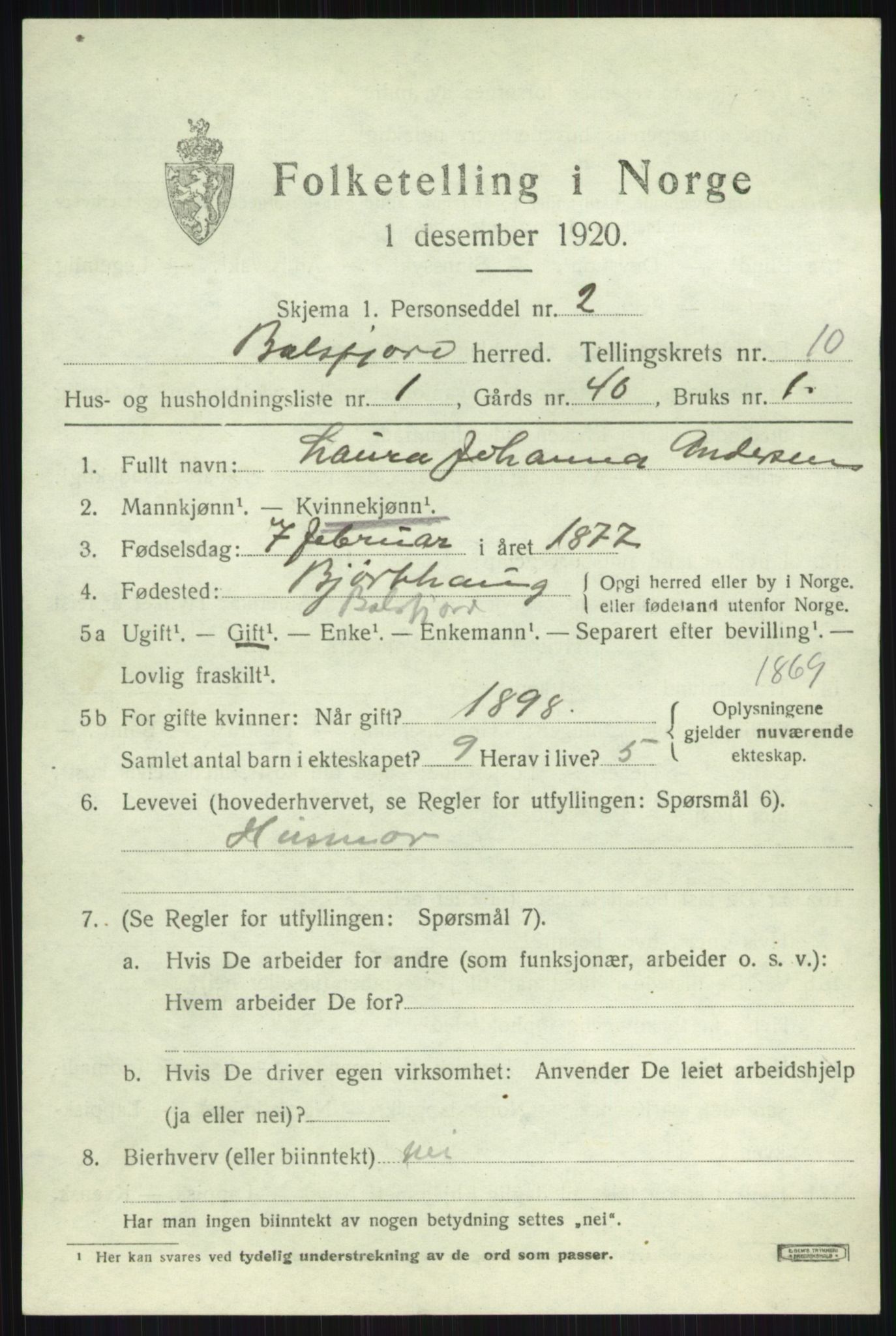 SATØ, 1920 census for Balsfjord, 1920, p. 5273