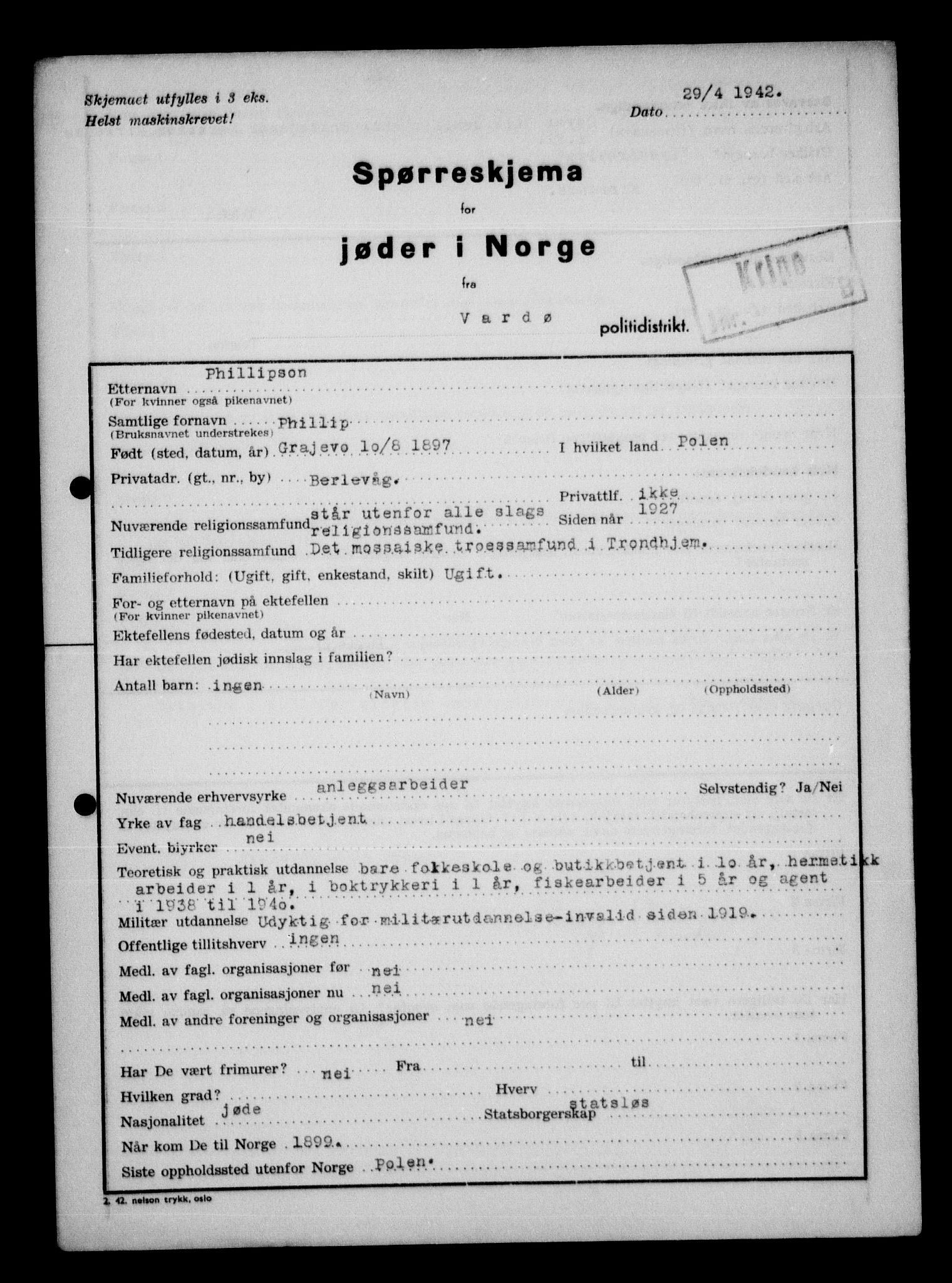 Statspolitiet - Hovedkontoret / Osloavdelingen, AV/RA-S-1329/G/Ga/L0013: Spørreskjema for jøder i Norge. 1: Sandefjord-Trondheim. 2: Tønsberg- Ålesund.  3: Skriv vedr. jøder A-H.  , 1942-1943, p. 665