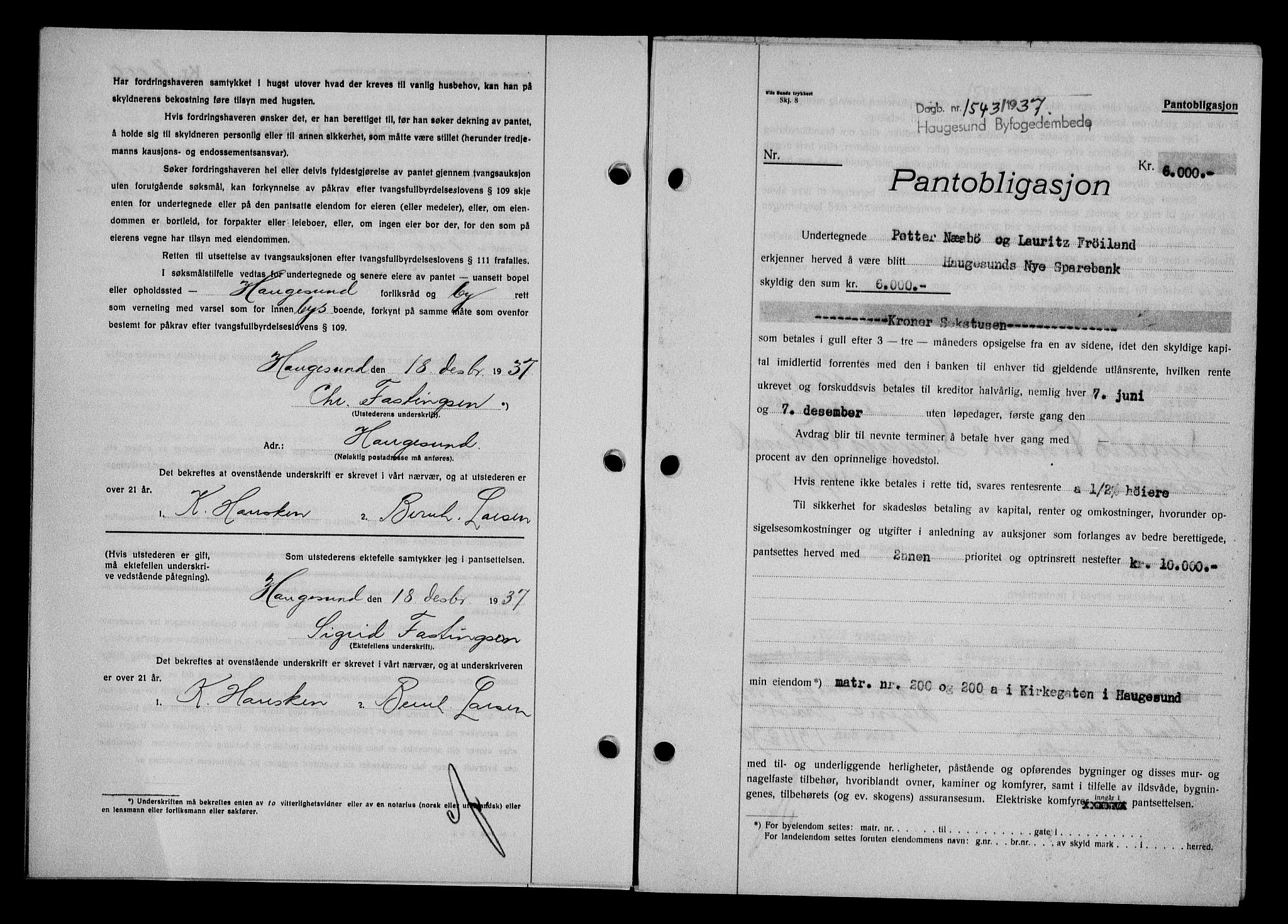 Haugesund tingrett, AV/SAST-A-101415/01/II/IIC/L0031: Mortgage book no. 31, 1936-1938, Diary no: : 1543/1937