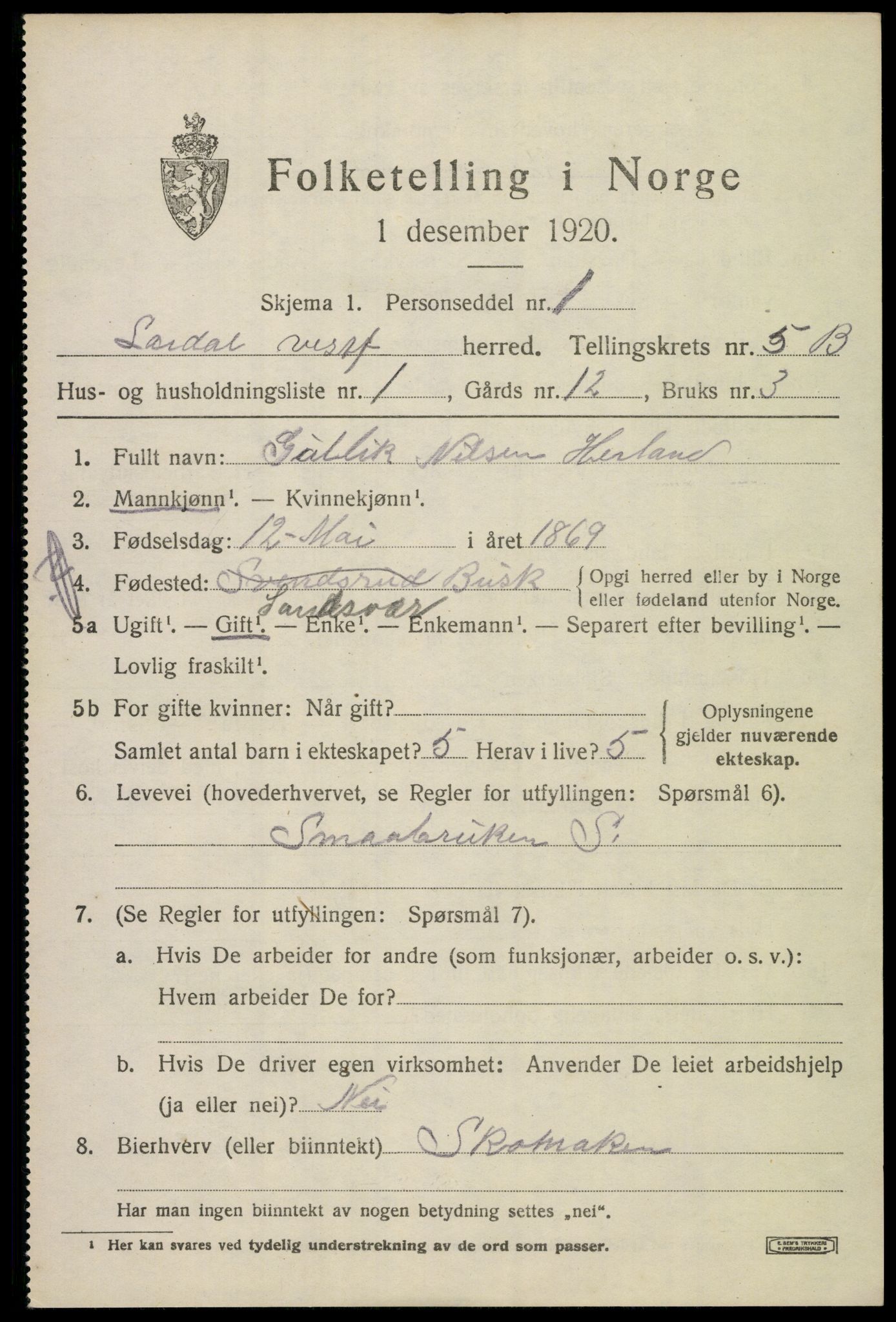 SAKO, 1920 census for Lardal, 1920, p. 5229