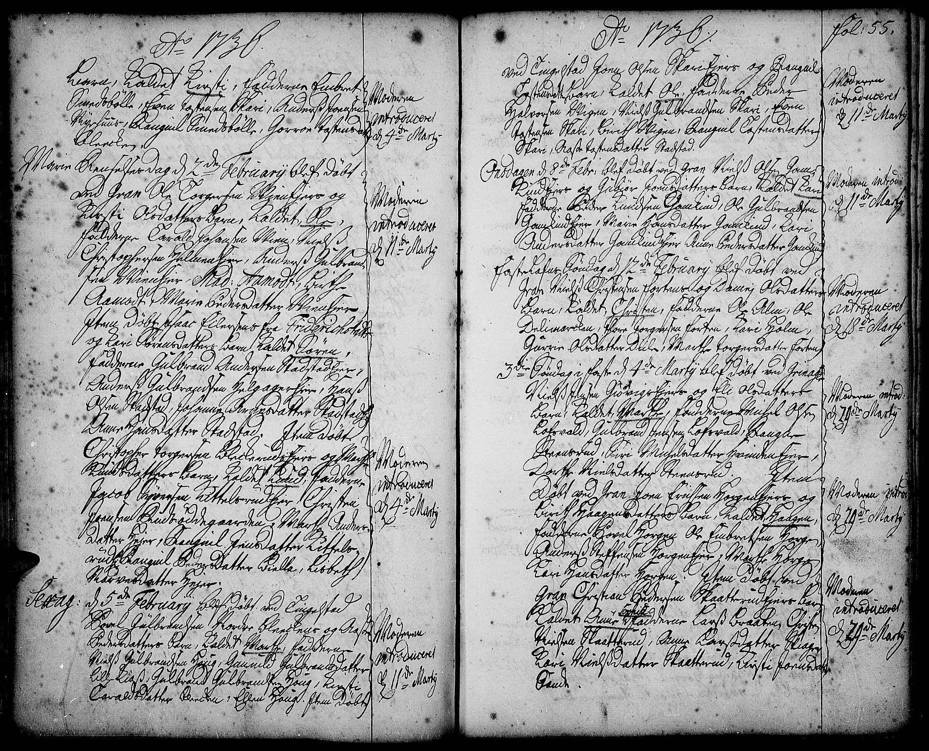 Gran prestekontor, SAH/PREST-112/H/Ha/Haa/L0002: Parish register (official) no. 2, 1732-1744, p. 55