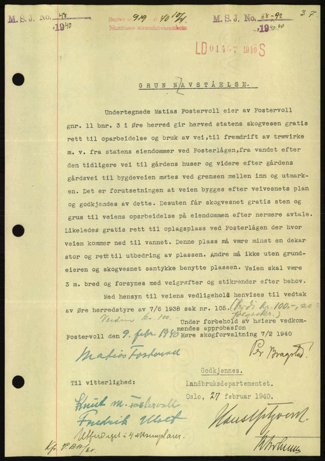 Nordmøre sorenskriveri, AV/SAT-A-4132/1/2/2Ca: Mortgage book no. B87, 1940-1941, Diary no: : 919/1940