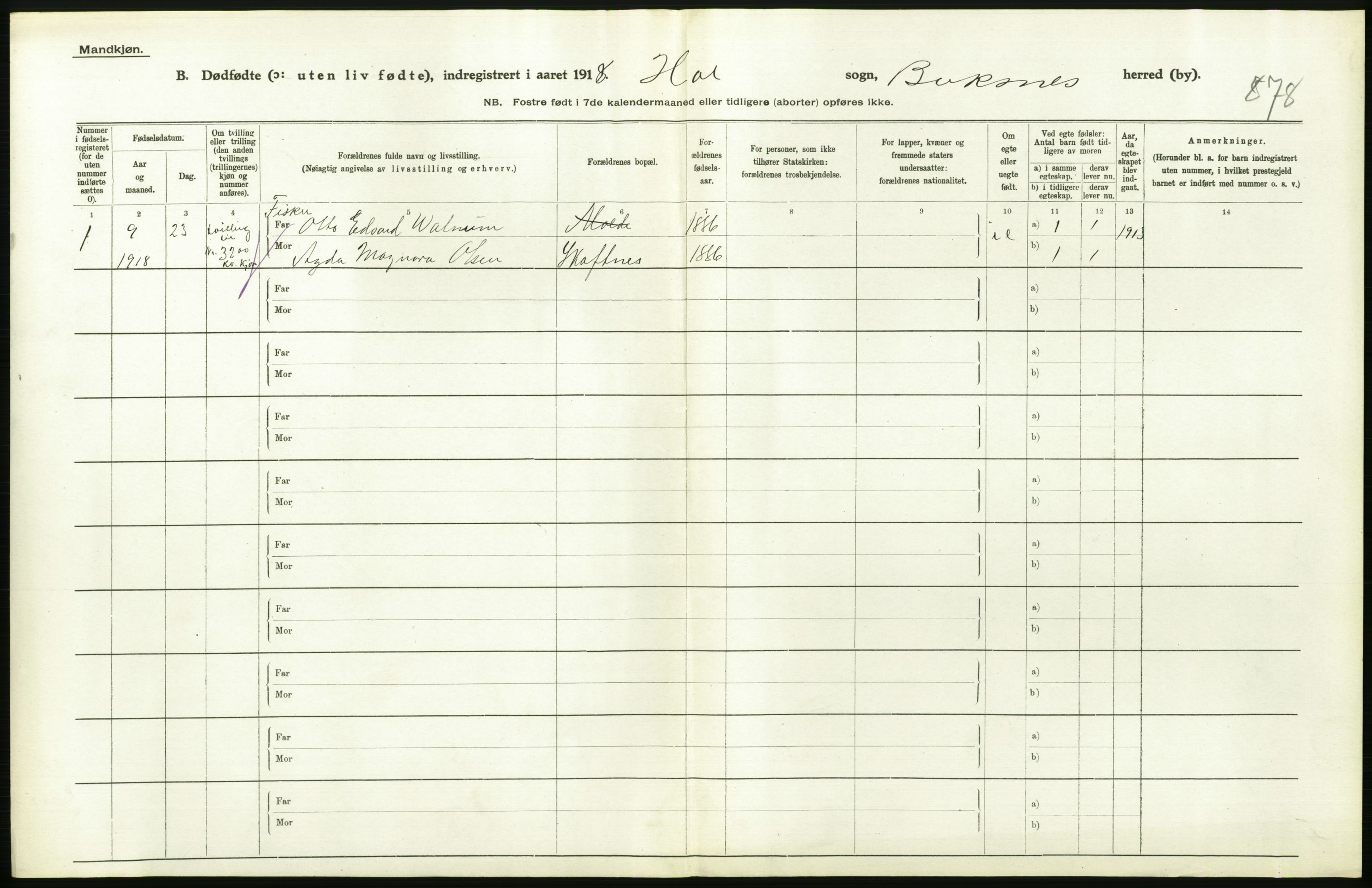 Statistisk sentralbyrå, Sosiodemografiske emner, Befolkning, AV/RA-S-2228/D/Df/Dfb/Dfbh/L0054: Nordland fylke: Gifte, dødfødte. Bygder og byer., 1918, p. 428
