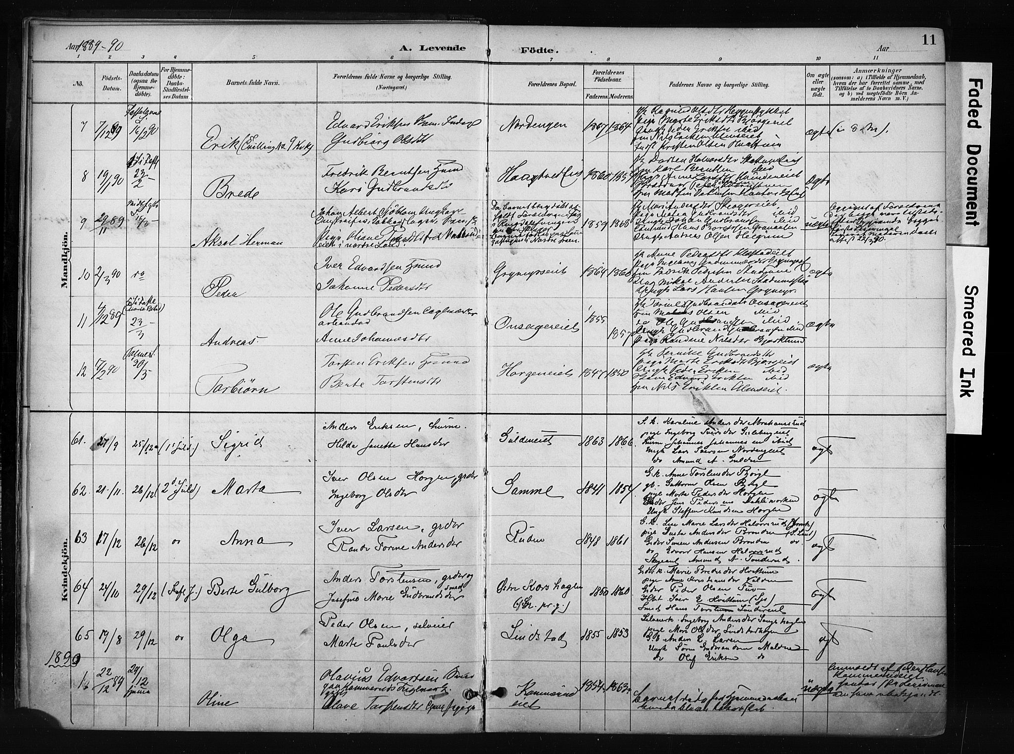 Gran prestekontor, AV/SAH-PREST-112/H/Ha/Haa/L0017: Parish register (official) no. 17, 1889-1897, p. 11