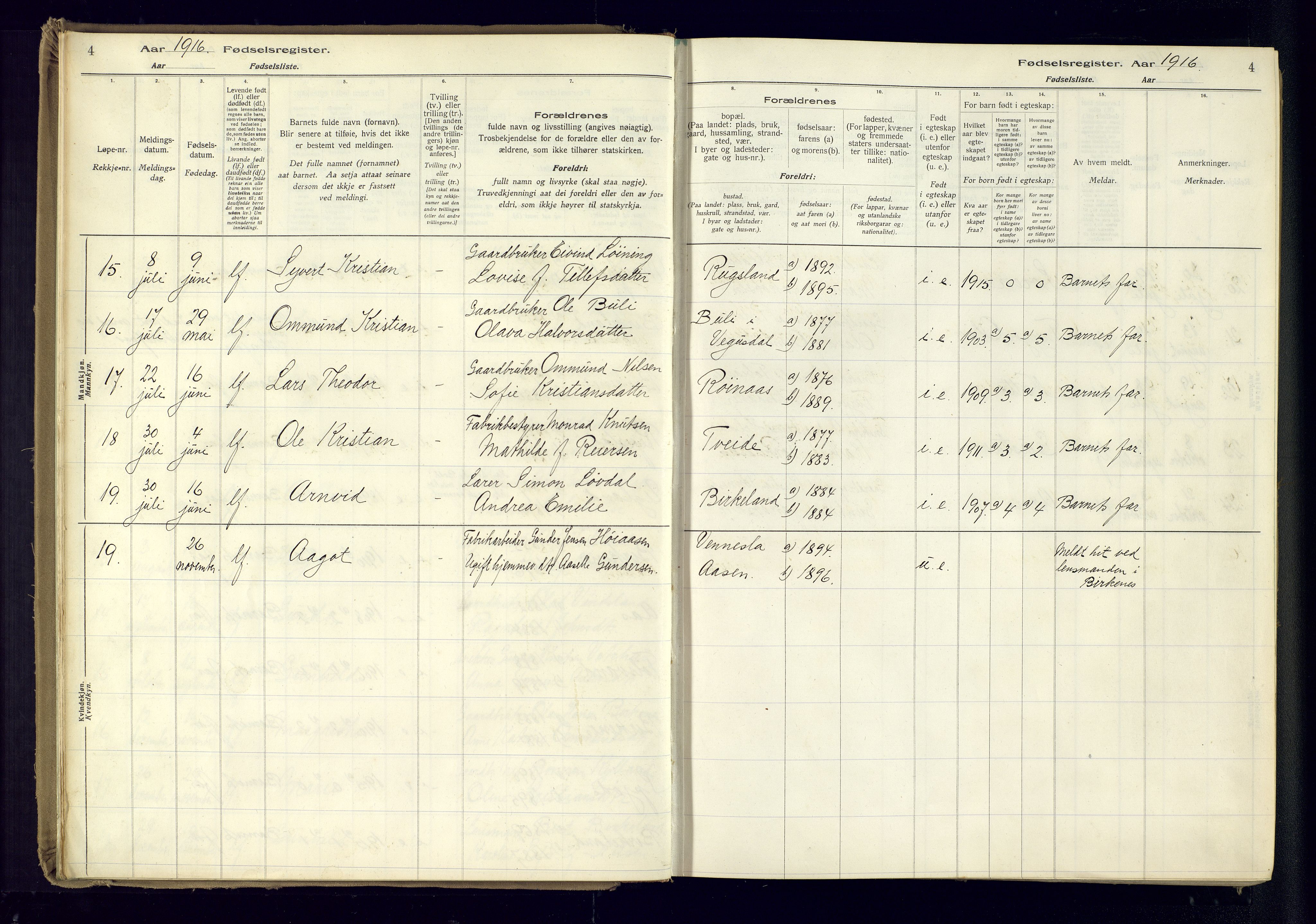 Birkenes sokneprestkontor, AV/SAK-1111-0004/J/Ja/L0001: Birth register no. II.6.4, 1916-1962, p. 4