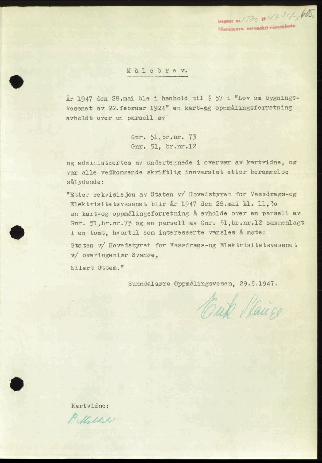 Nordmøre sorenskriveri, AV/SAT-A-4132/1/2/2Ca: Mortgage book no. A105, 1947-1947, Diary no: : 1730/1947