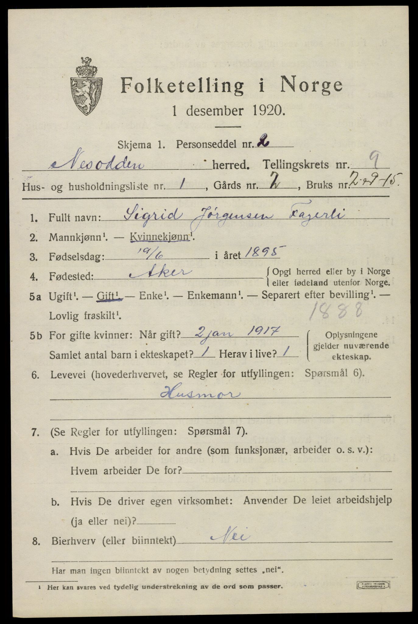 SAO, 1920 census for Nesodden, 1920, p. 6697