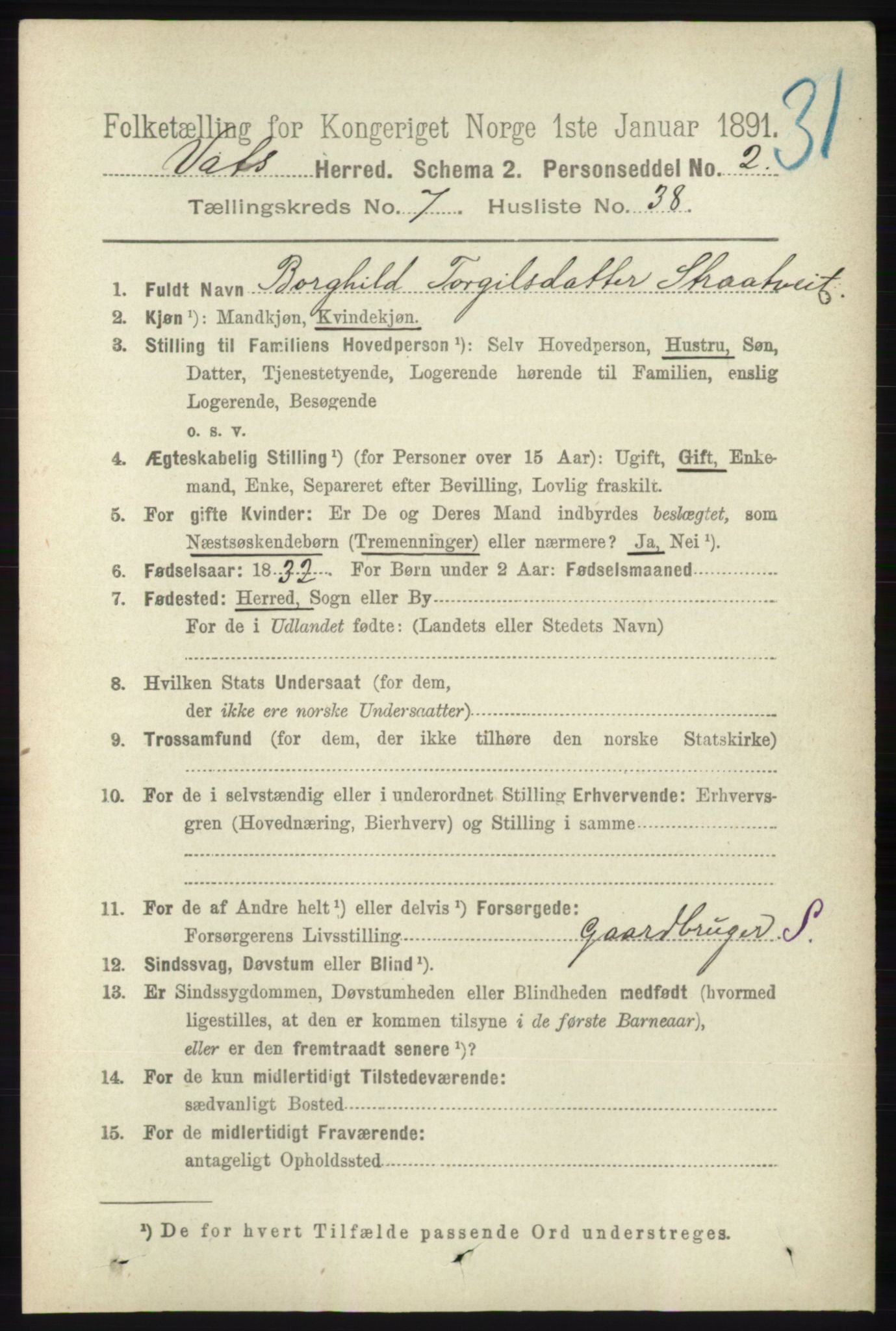 RA, 1891 census for 1155 Vats, 1891, p. 1291