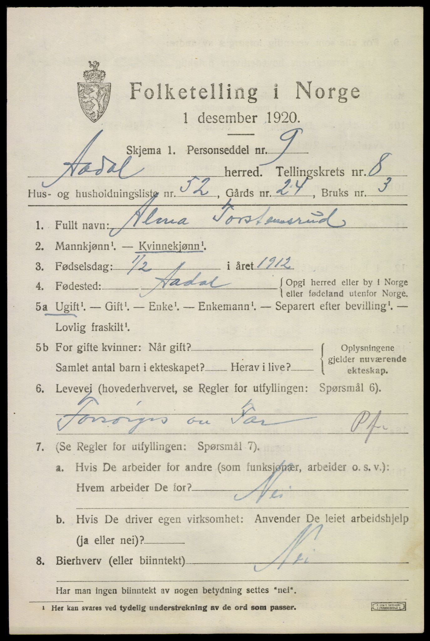 SAKO, 1920 census for Ådal, 1920, p. 5958