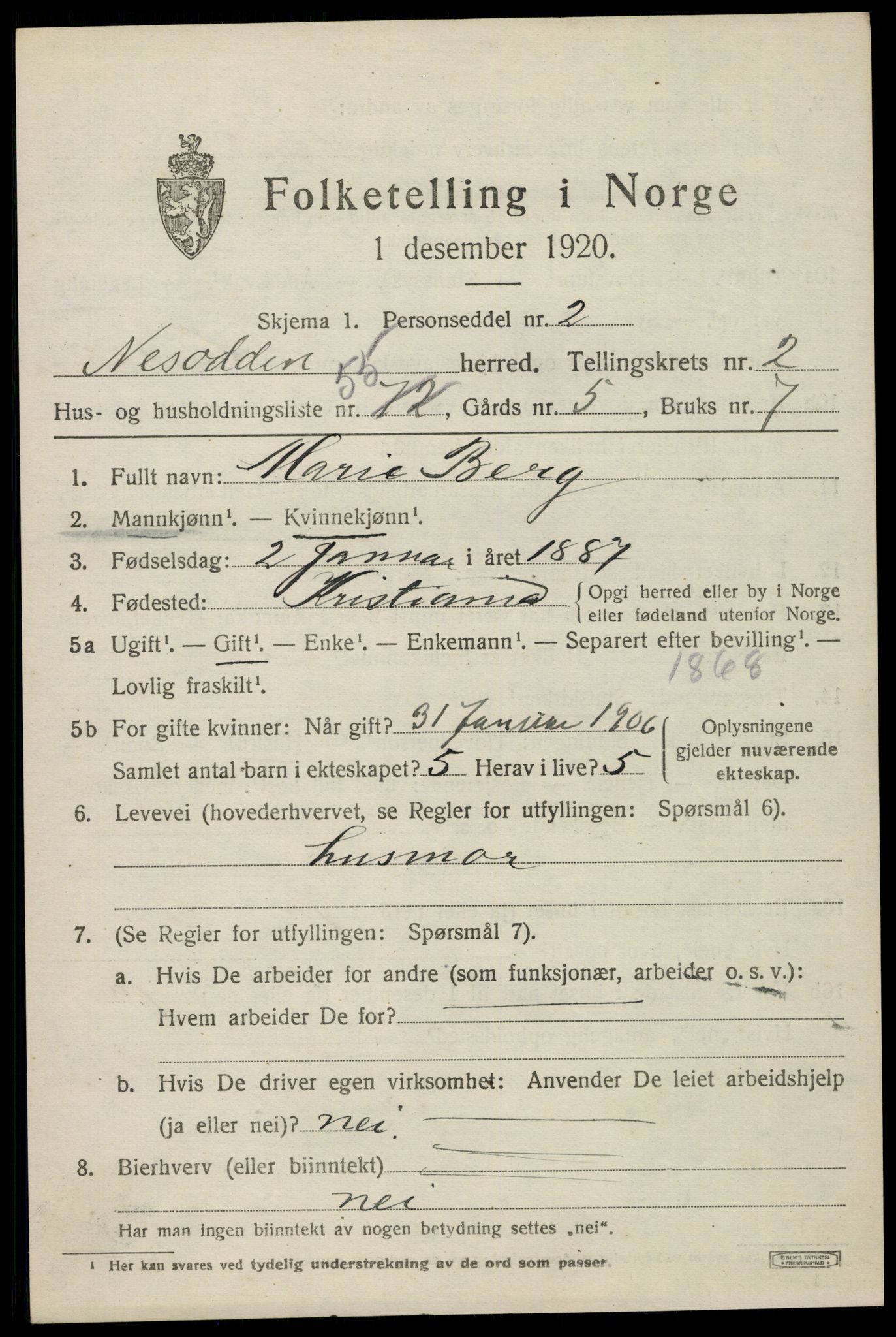 SAO, 1920 census for Nesodden, 1920, p. 2705