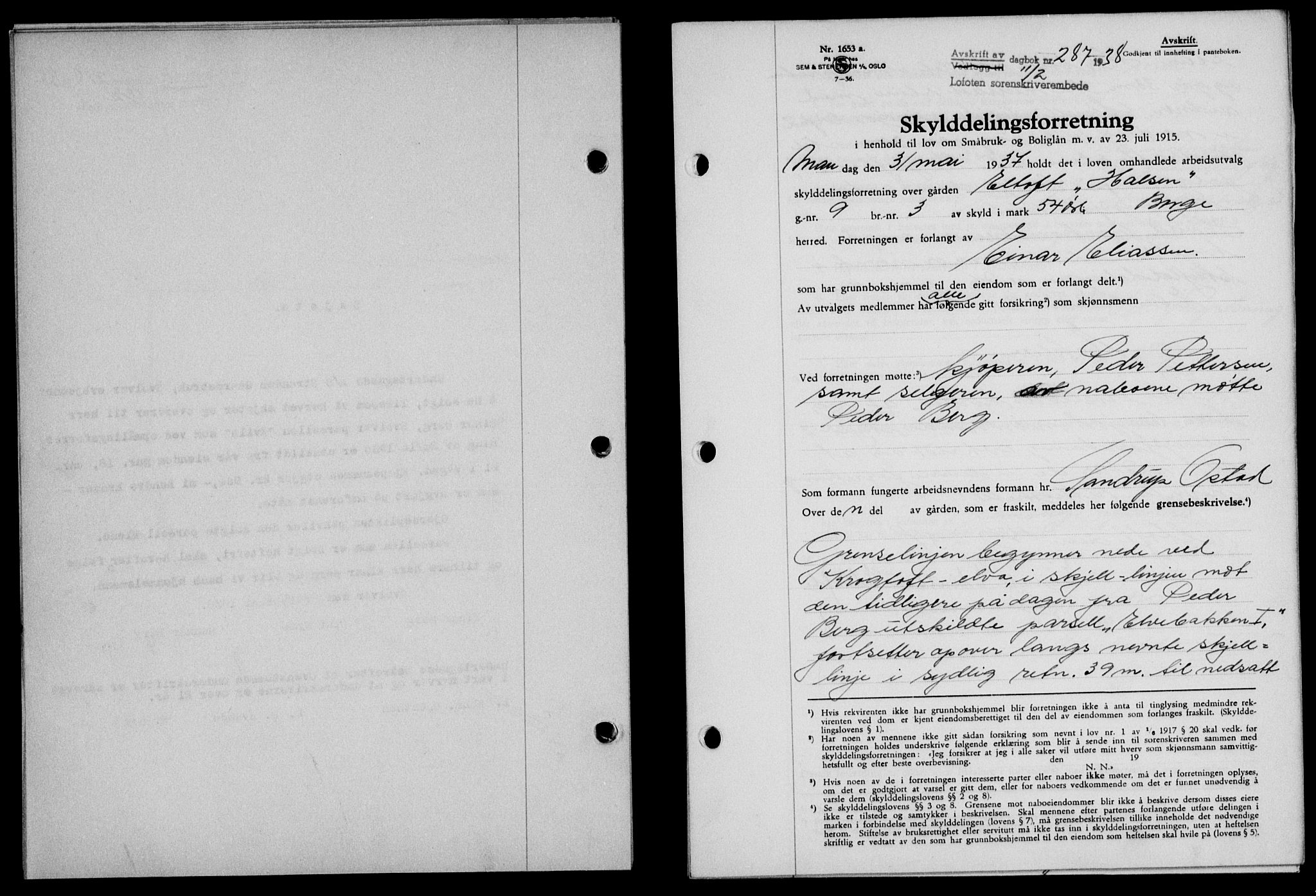 Lofoten sorenskriveri, SAT/A-0017/1/2/2C/L0003a: Mortgage book no. 3a, 1937-1938, Diary no: : 287/1938