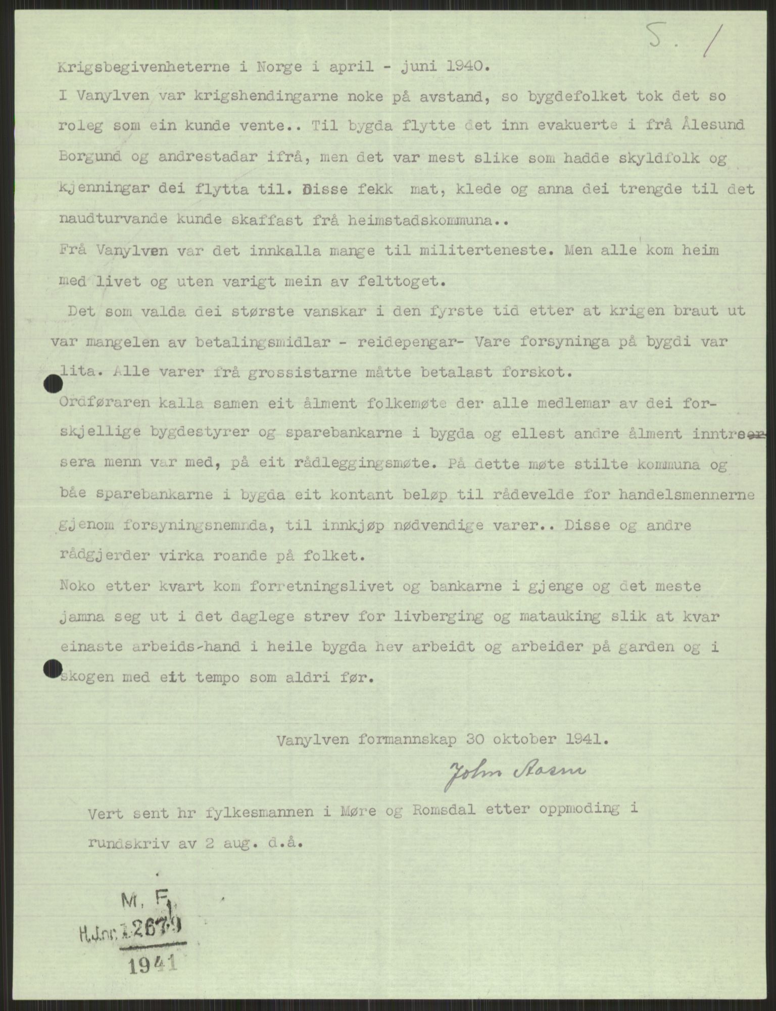 Forsvaret, Forsvarets krigshistoriske avdeling, AV/RA-RAFA-2017/Y/Ya/L0015: II-C-11-31 - Fylkesmenn.  Rapporter om krigsbegivenhetene 1940., 1940, p. 801