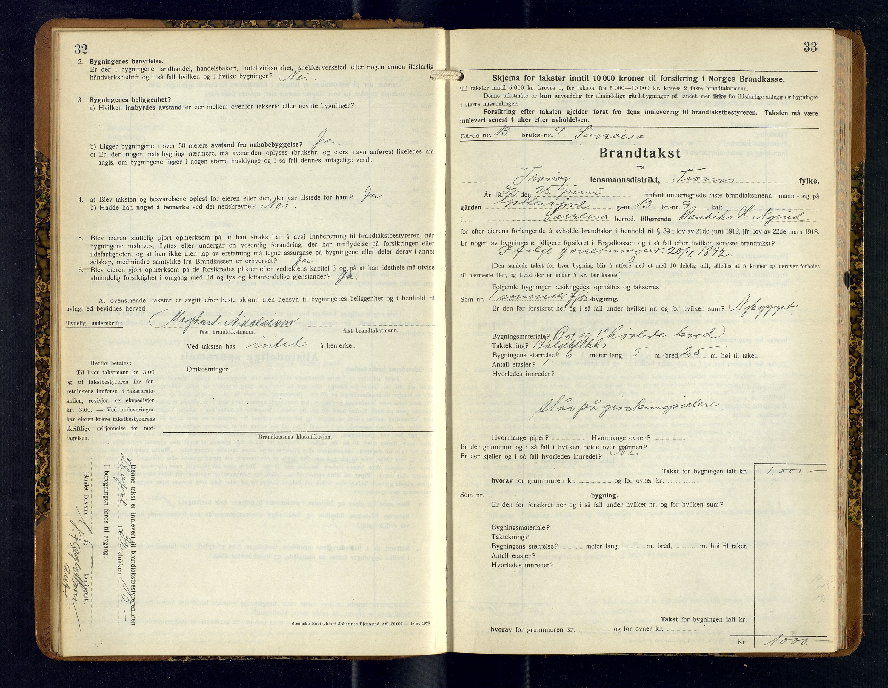 Tranøy lensmannskontor (Sørreisa lensmannskontor), AV/SATØ-SATØ-46/1/F/Fq/Fqc/L0269: Branntakstprotokoller, 1932-1935, p. 32-33