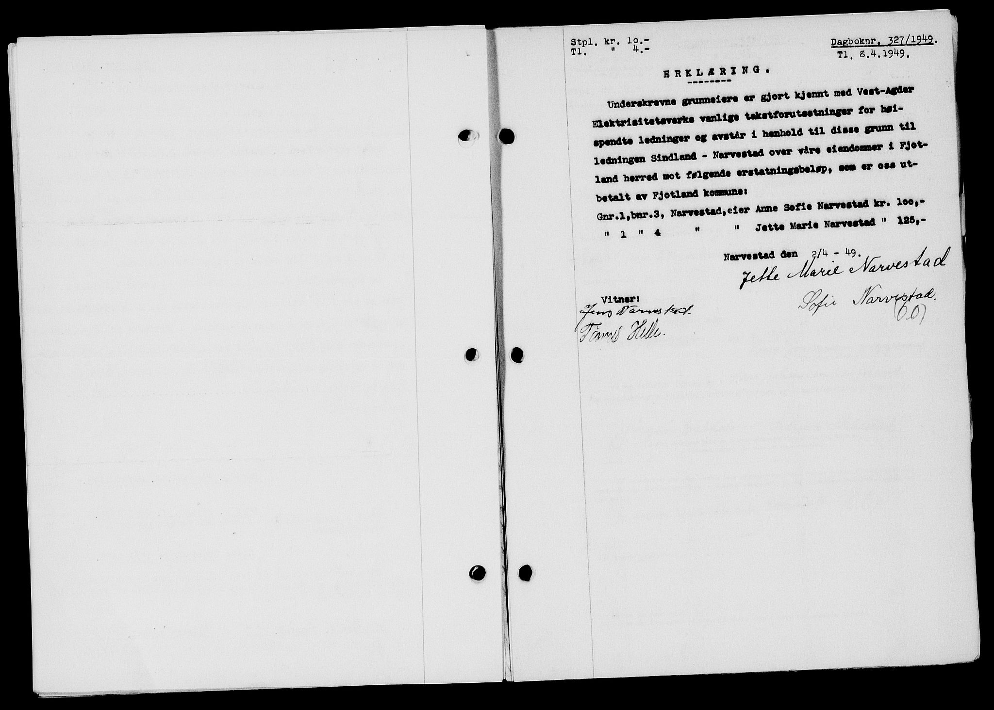 Flekkefjord sorenskriveri, SAK/1221-0001/G/Gb/Gba/L0065: Mortgage book no. A-13, 1949-1949, Diary no: : 327/1949