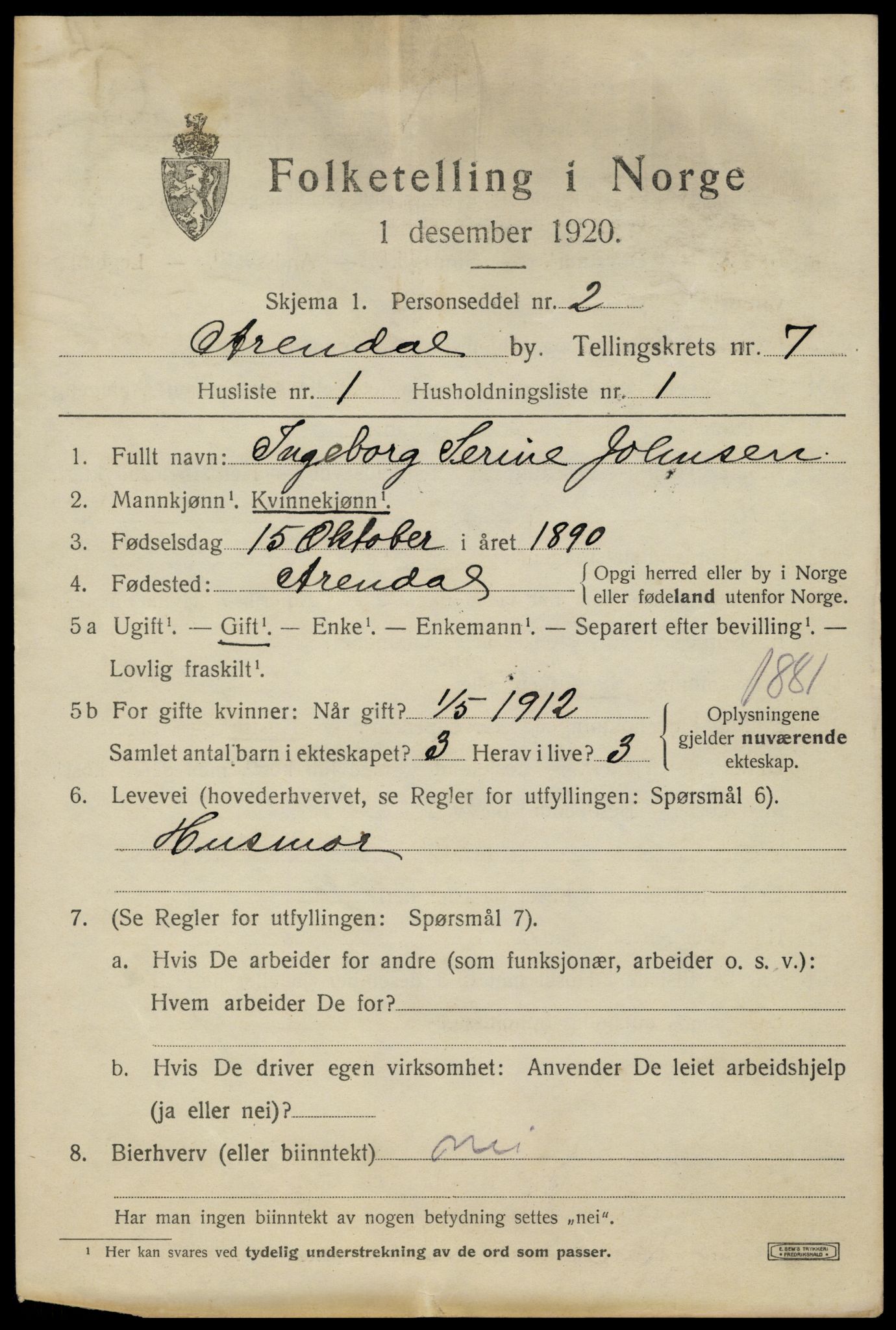 SAK, 1920 census for Arendal, 1920, p. 14458