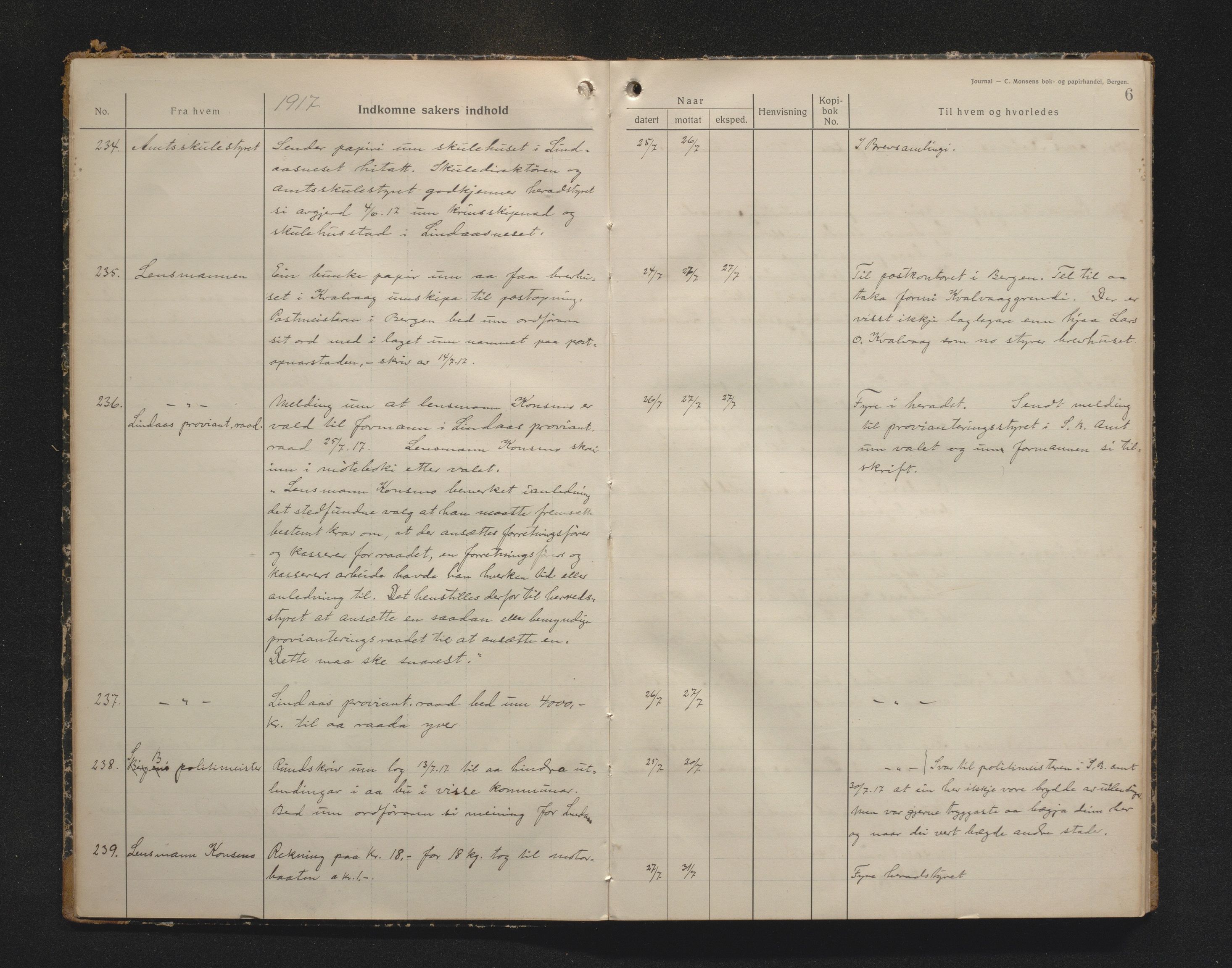 Lindås kommune. Formannskapet, IKAH/1263-021/C/Ca/L0001B: Postjournal, 1917-1918