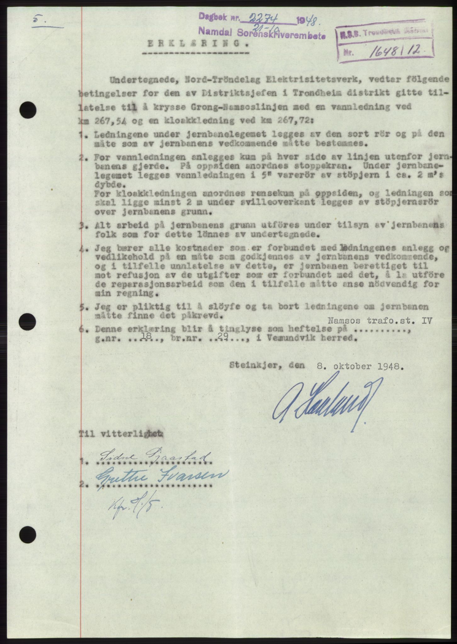 Namdal sorenskriveri, AV/SAT-A-4133/1/2/2C: Mortgage book no. -, 1948-1948, Diary no: : 2274/1948
