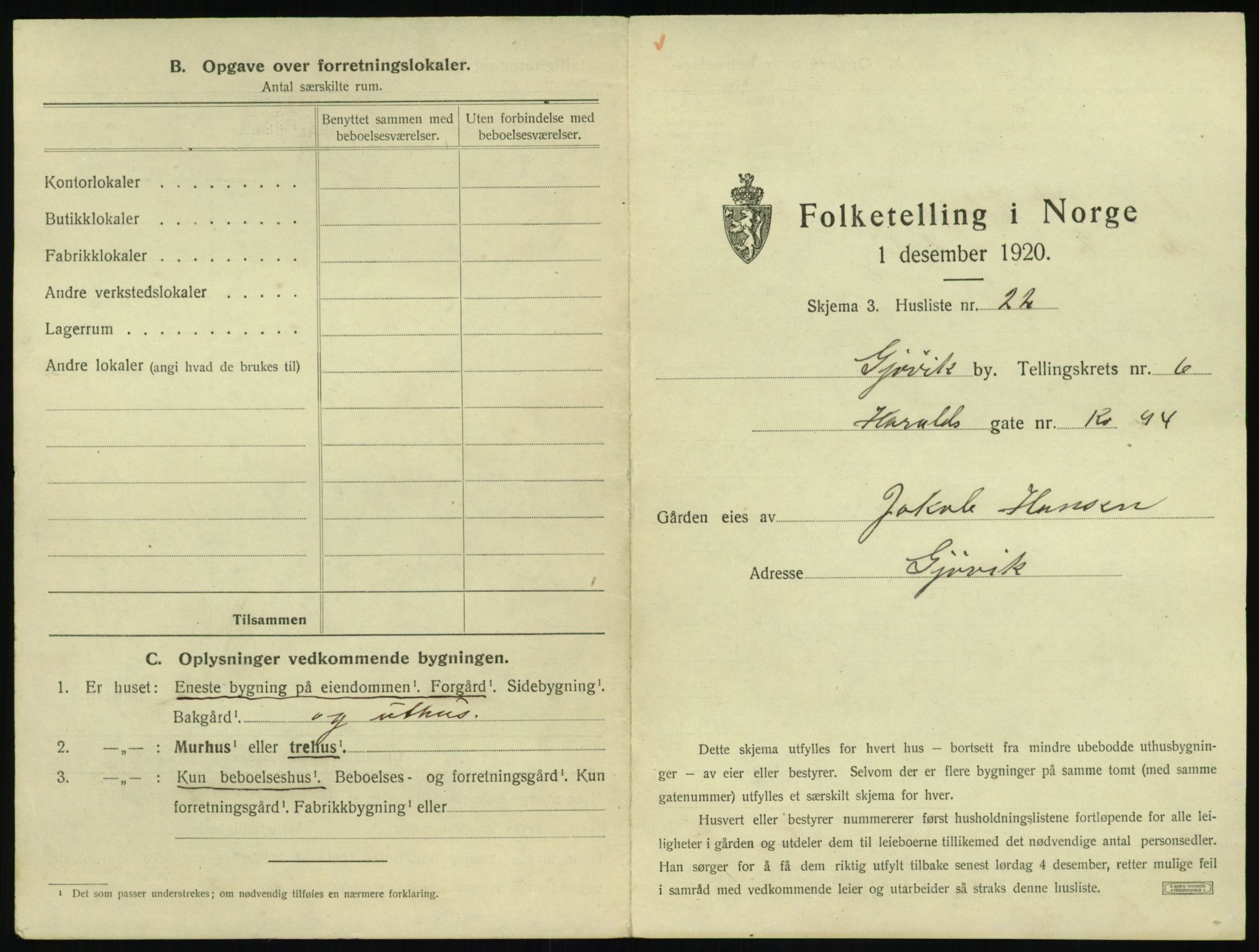 SAH, 1920 census for Gjøvik, 1920, p. 596