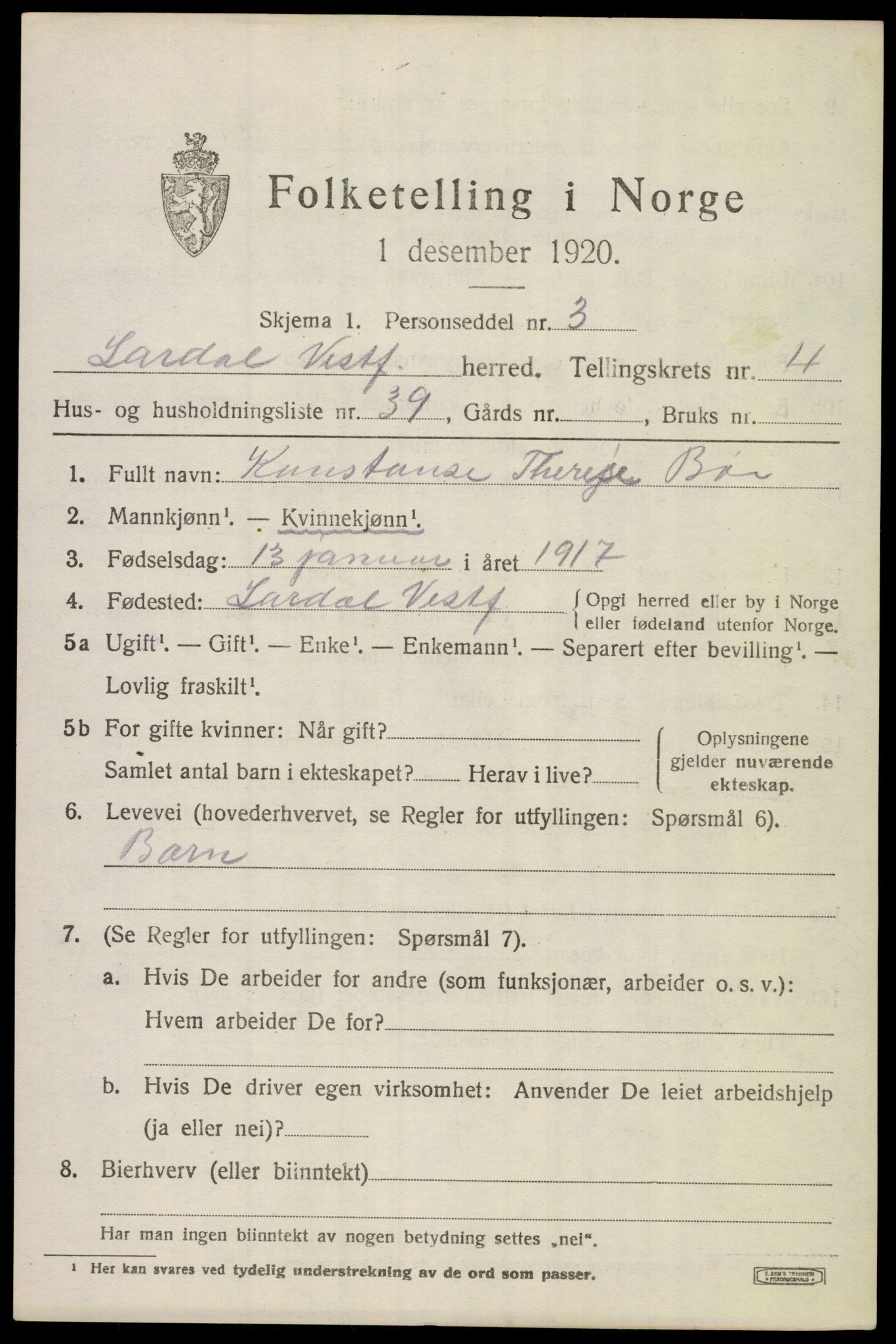 SAKO, 1920 census for Lardal, 1920, p. 4001