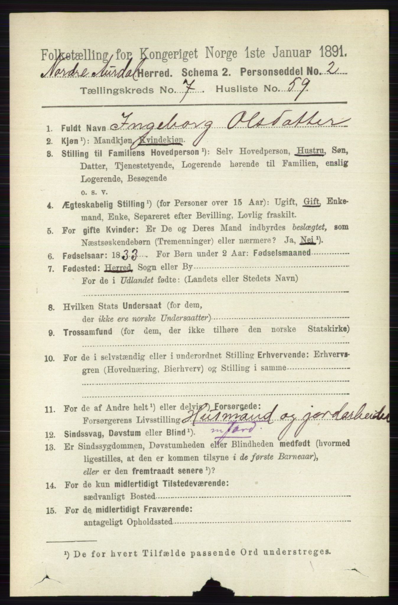 RA, 1891 census for 0542 Nord-Aurdal, 1891, p. 2695