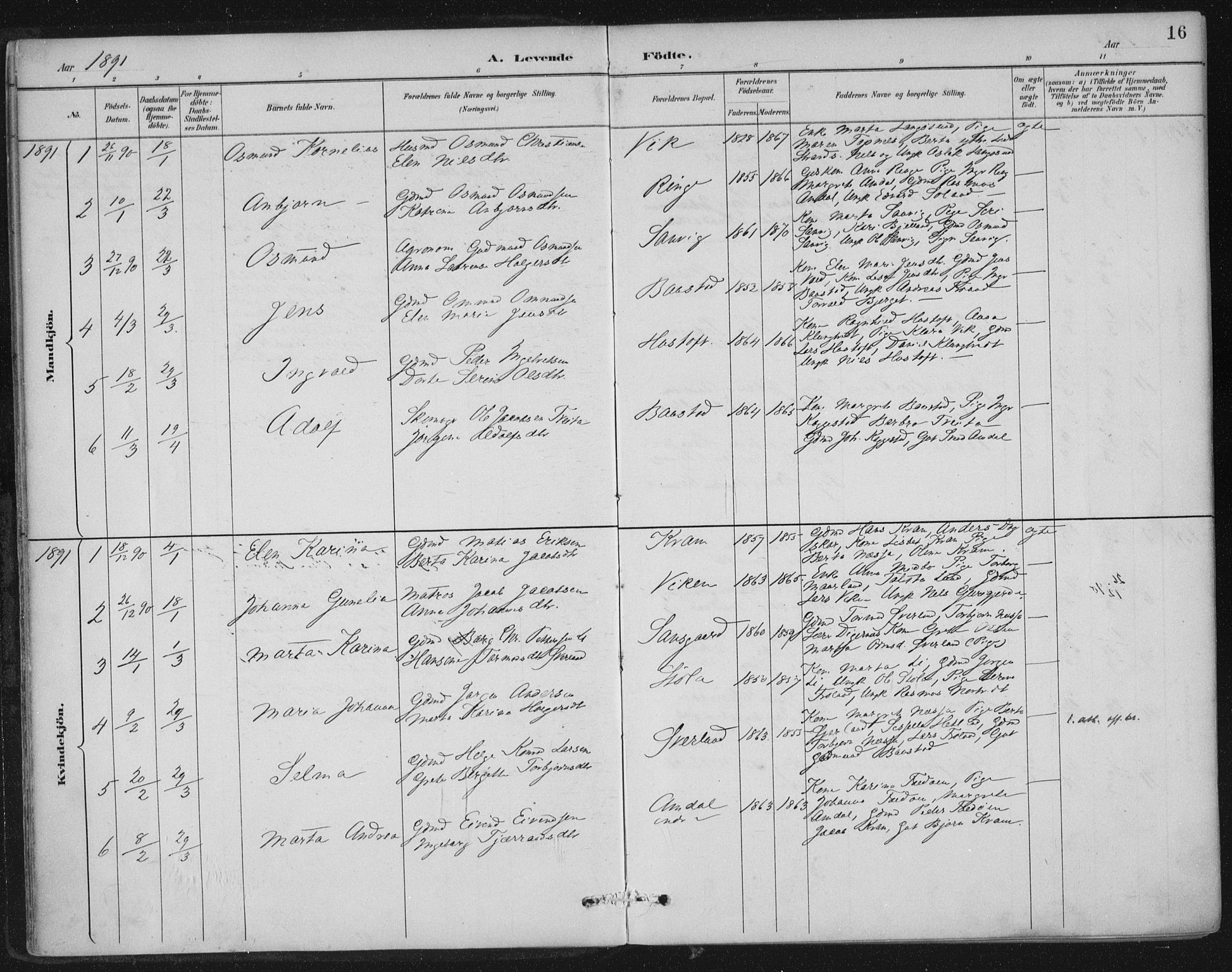 Nedstrand sokneprestkontor, AV/SAST-A-101841/01/IV: Parish register (official) no. A 12, 1887-1915, p. 16