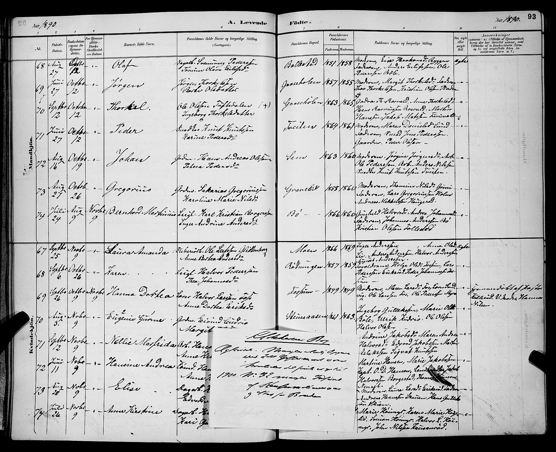 Gjerpen kirkebøker, SAKO/A-265/G/Ga/L0002: Parish register (copy) no. I 2, 1883-1900, p. 93