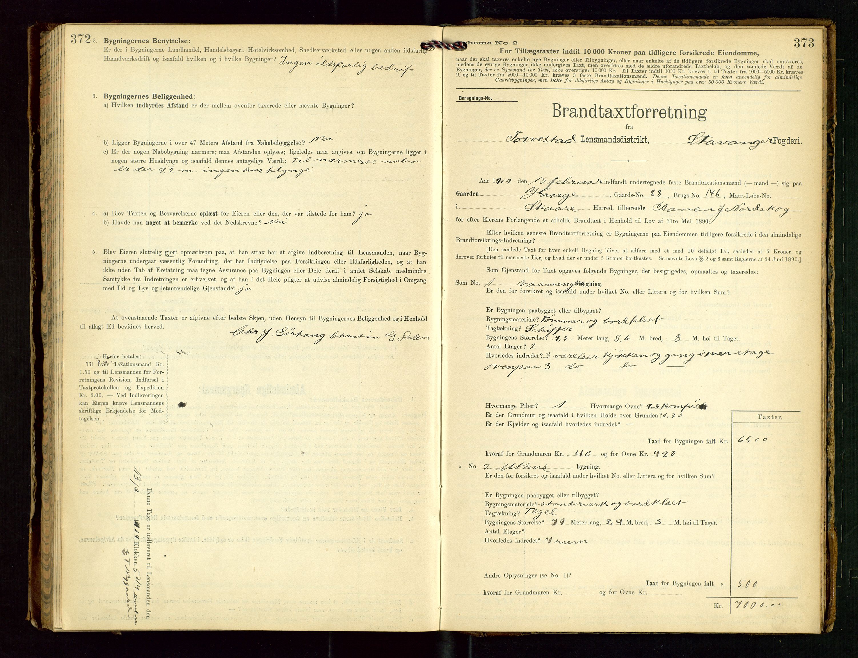 Torvestad lensmannskontor, AV/SAST-A-100307/1/Gob/L0003: "Brandtaxationsprotokol for Torvestad Lensmannsdistrikt", 1905-1909, p. 372-373