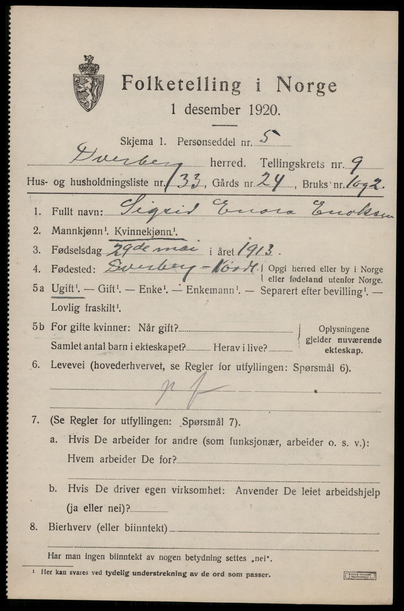 SAT, 1920 census for Dverberg, 1920, p. 8280