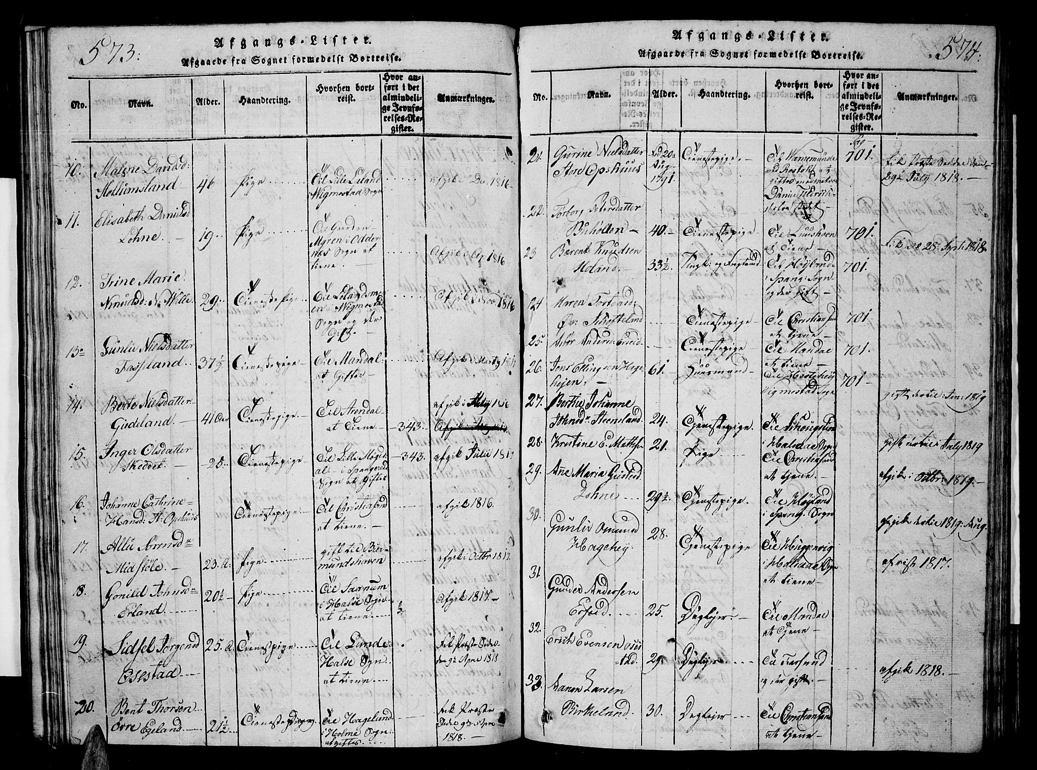 Sør-Audnedal sokneprestkontor, AV/SAK-1111-0039/F/Fb/Fbb/L0001: Parish register (copy) no. B 1, 1815-1827, p. 573-574