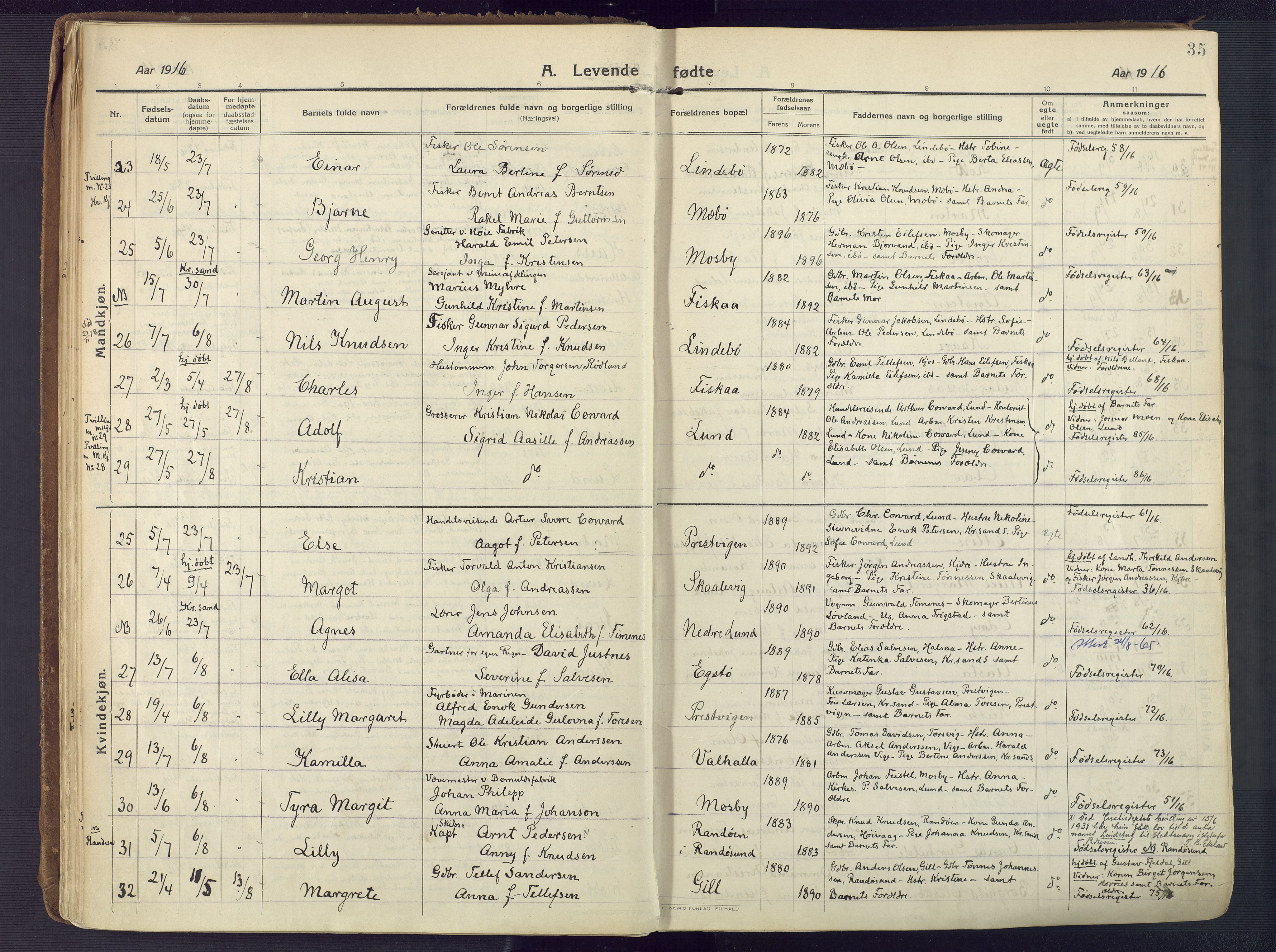 Oddernes sokneprestkontor, AV/SAK-1111-0033/F/Fa/Faa/L0012: Parish register (official) no. A 12, 1912-1925, p. 35