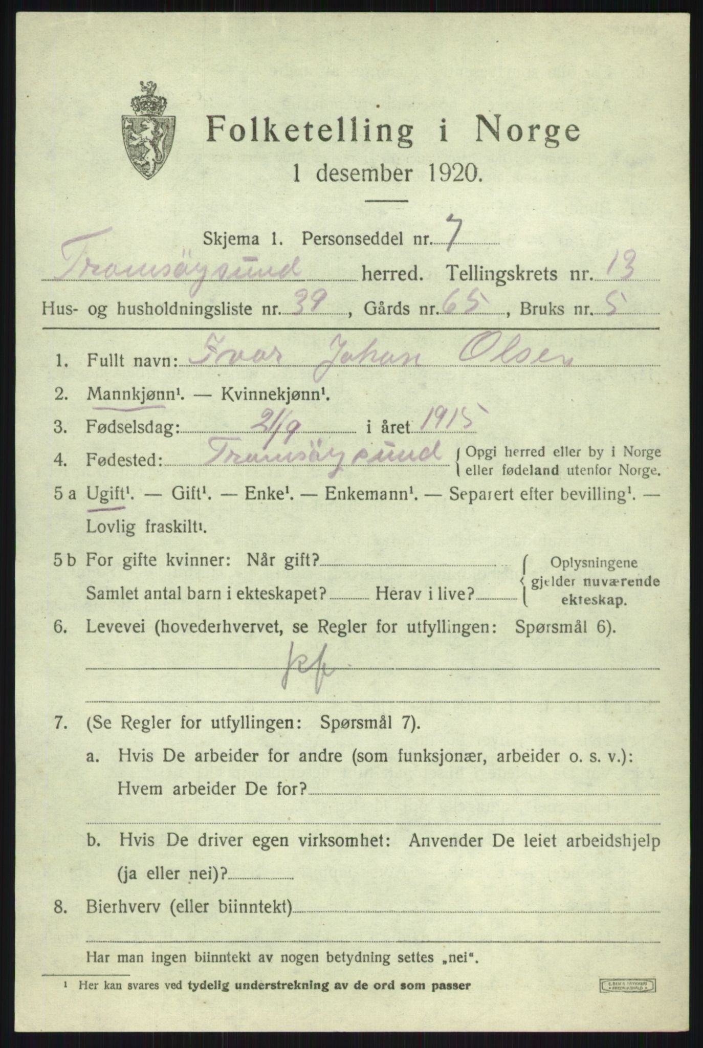 SATØ, 1920 census for Tromsøysund, 1920, p. 8496