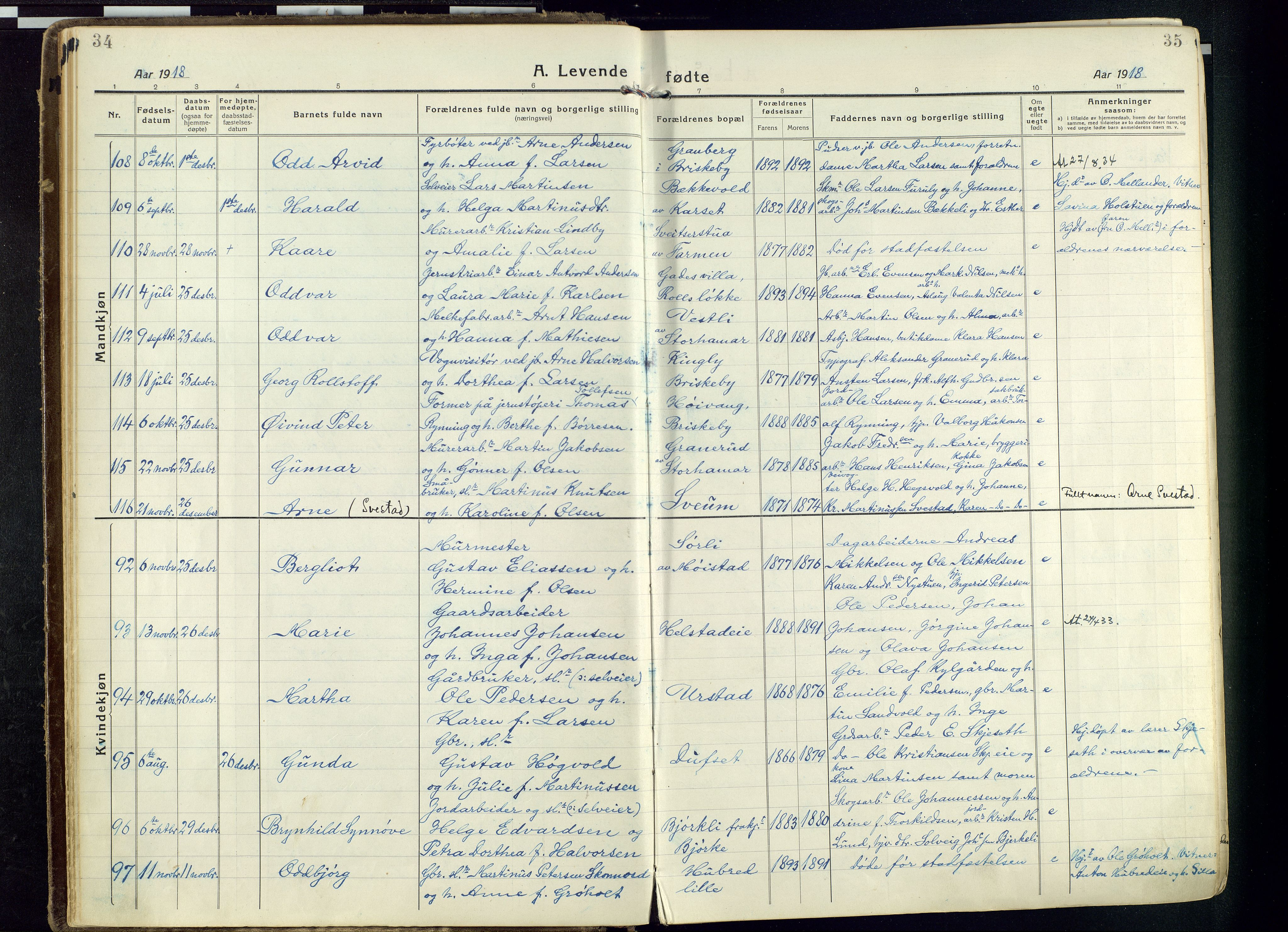 Vang prestekontor, Hedmark, AV/SAH-PREST-008/H/Ha/Haa/L0022: Parish register (official) no. 22, 1918-1944, p. 34-35