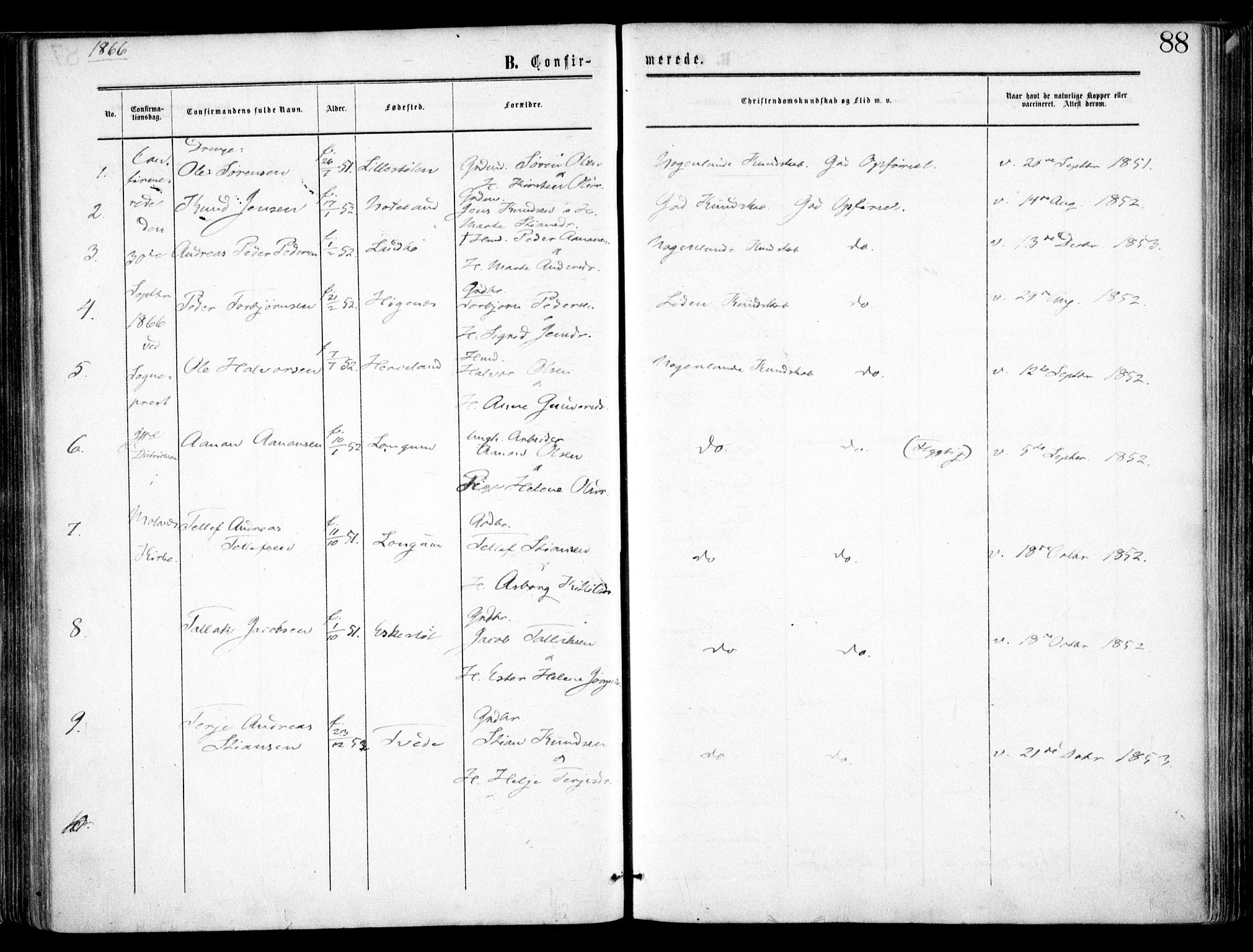 Austre Moland sokneprestkontor, SAK/1111-0001/F/Fa/Faa/L0008: Parish register (official) no. A 8, 1858-1868, p. 88