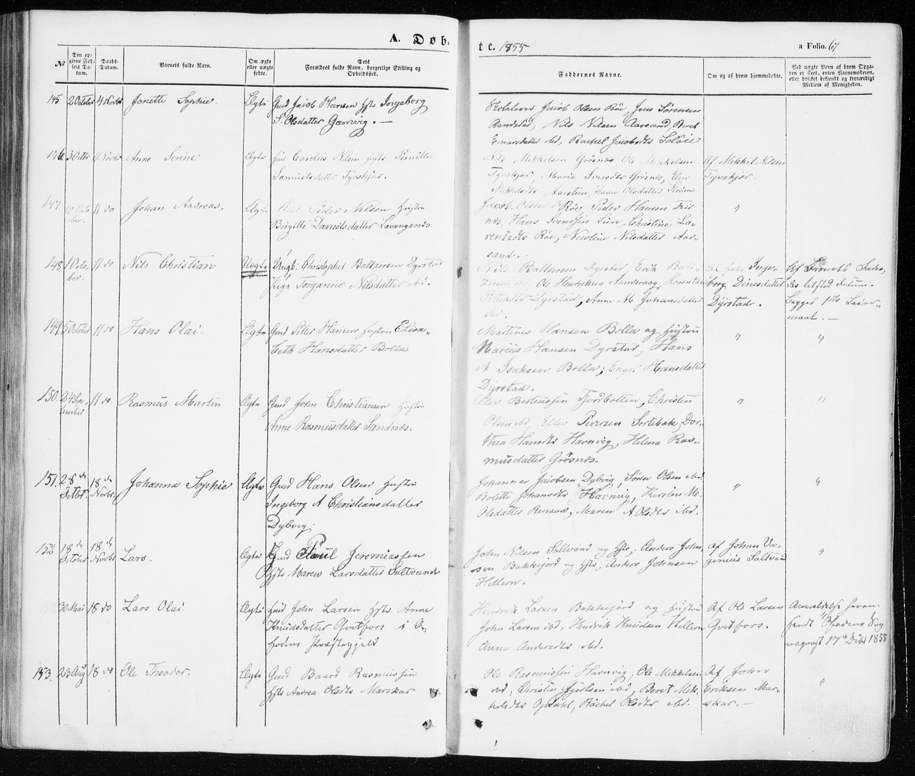 Ibestad sokneprestembete, SATØ/S-0077/H/Ha/Haa/L0008kirke: Parish register (official) no. 8, 1850-1859, p. 67