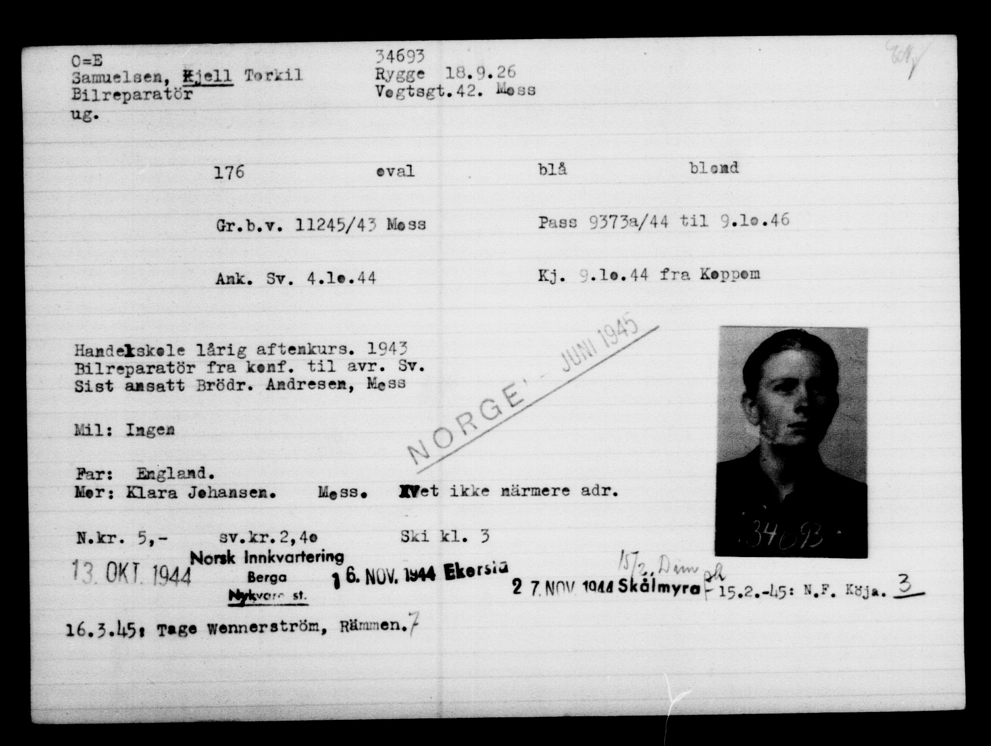 Utenriksstasjonene, Legasjonen i Stockholm, Flyktningkontoret, AV/RA-S-6753/V/Va/L0013: Kjesäterkartoteket, flyktninger med registreringsnr. 31500-34731, 1940-1945, p. 3366