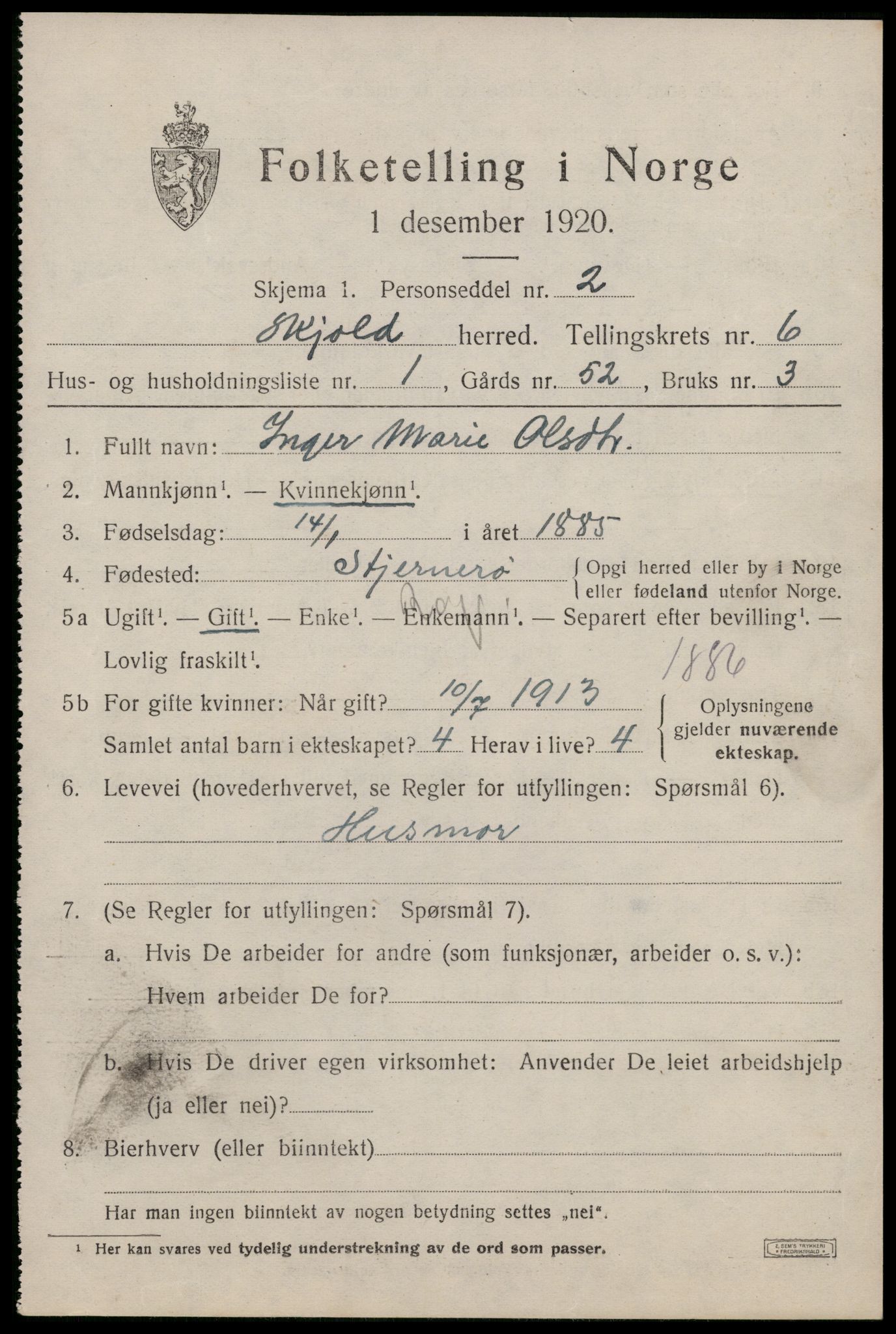 SAST, 1920 census for Skjold, 1920, p. 3162