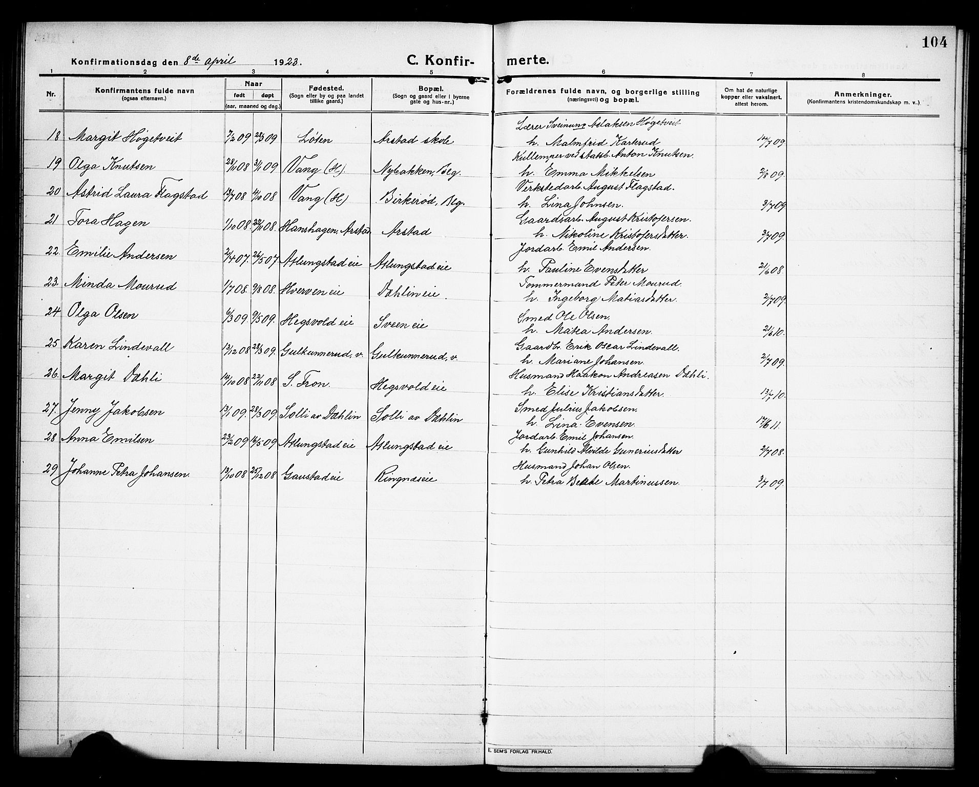 Stange prestekontor, AV/SAH-PREST-002/L/L0015: Parish register (copy) no. 15, 1916-1928, p. 104