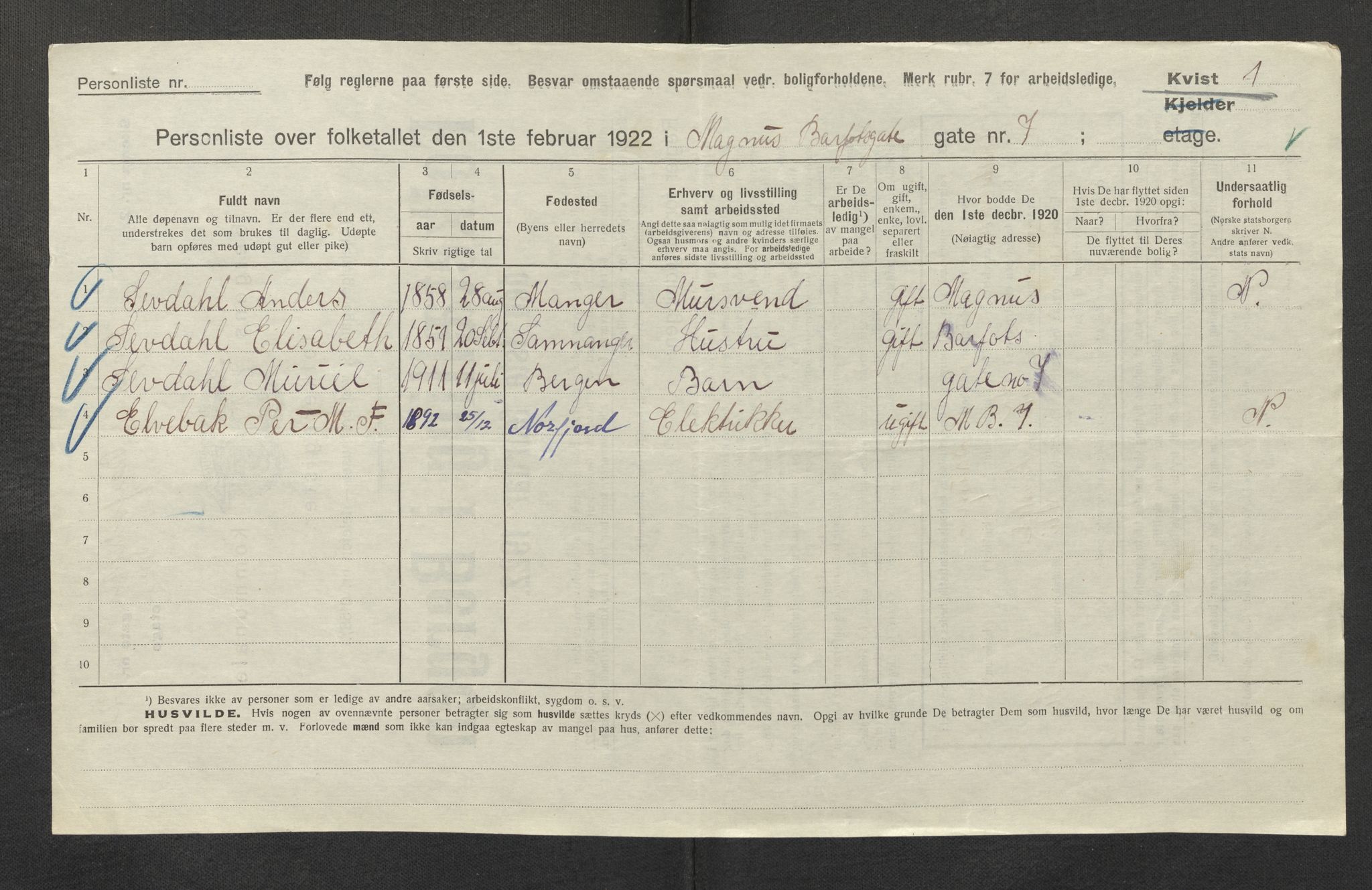 SAB, Municipal Census 1922 for Bergen, 1922, p. 23523