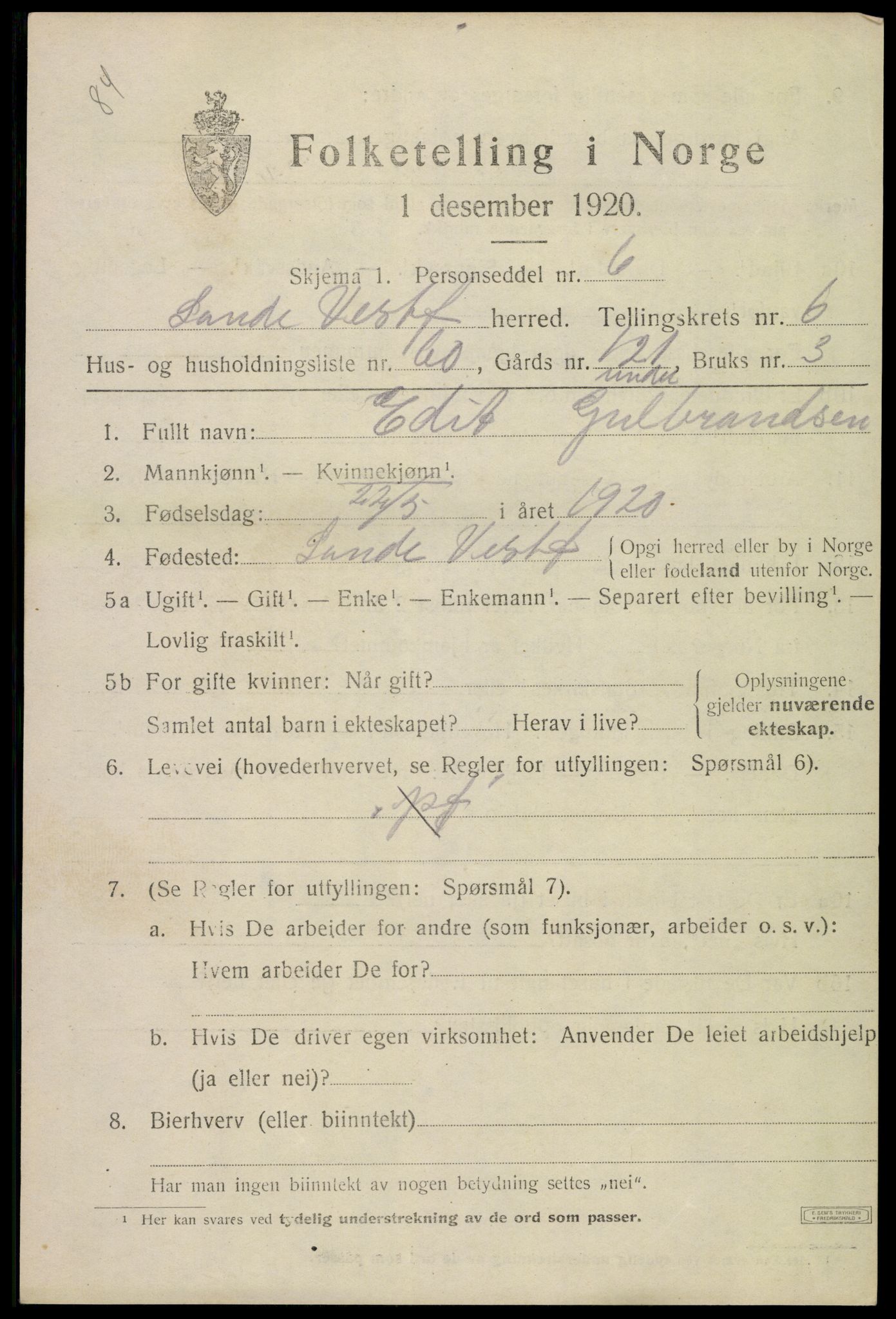 SAKO, 1920 census for Sande, 1920, p. 7898