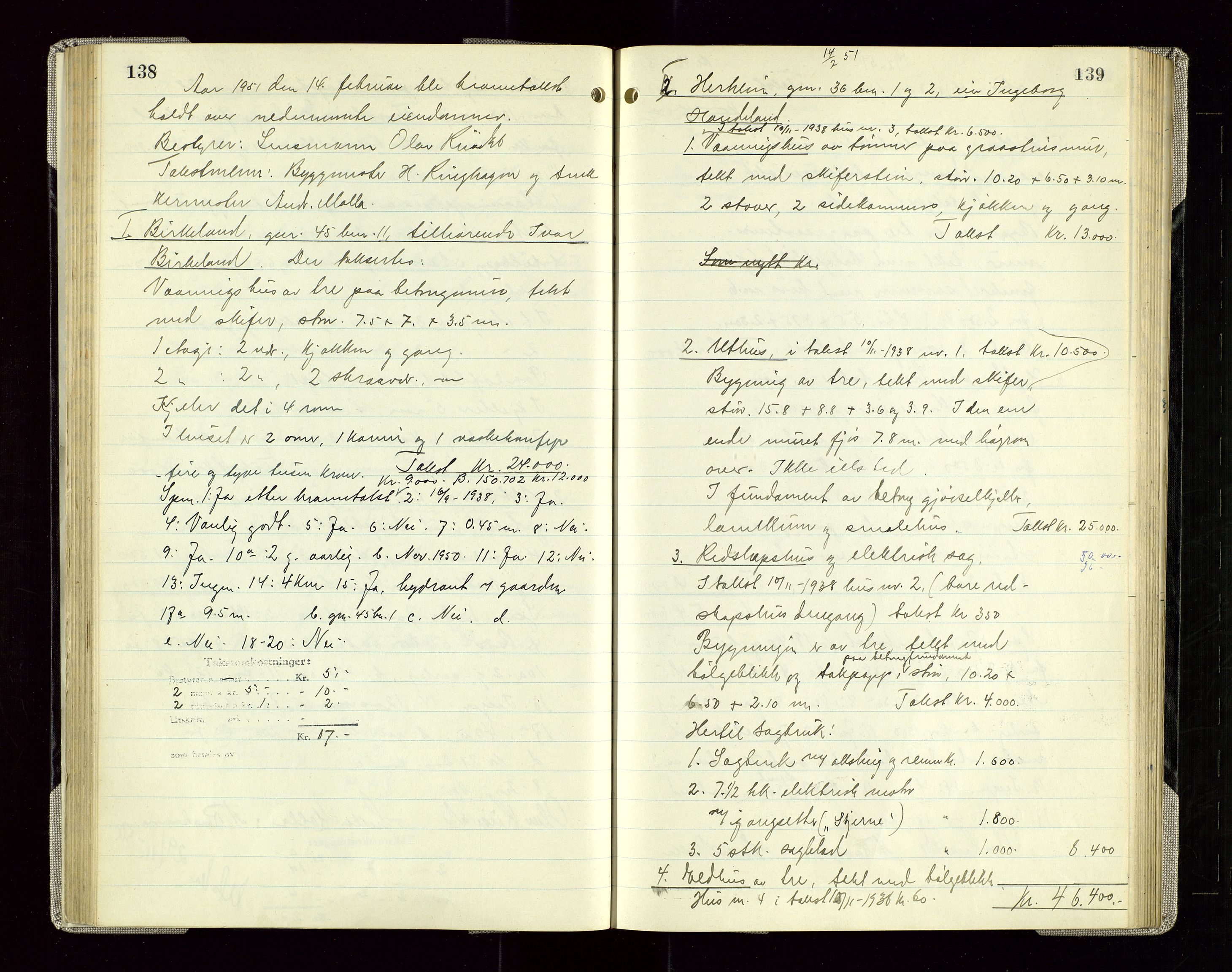 Sauda lensmannskontor, SAST/A-100177/Goa/L0005: "Branntakstprotokoll for Sauda lensmannsdistrikt", 1946-1955, p. 138-139