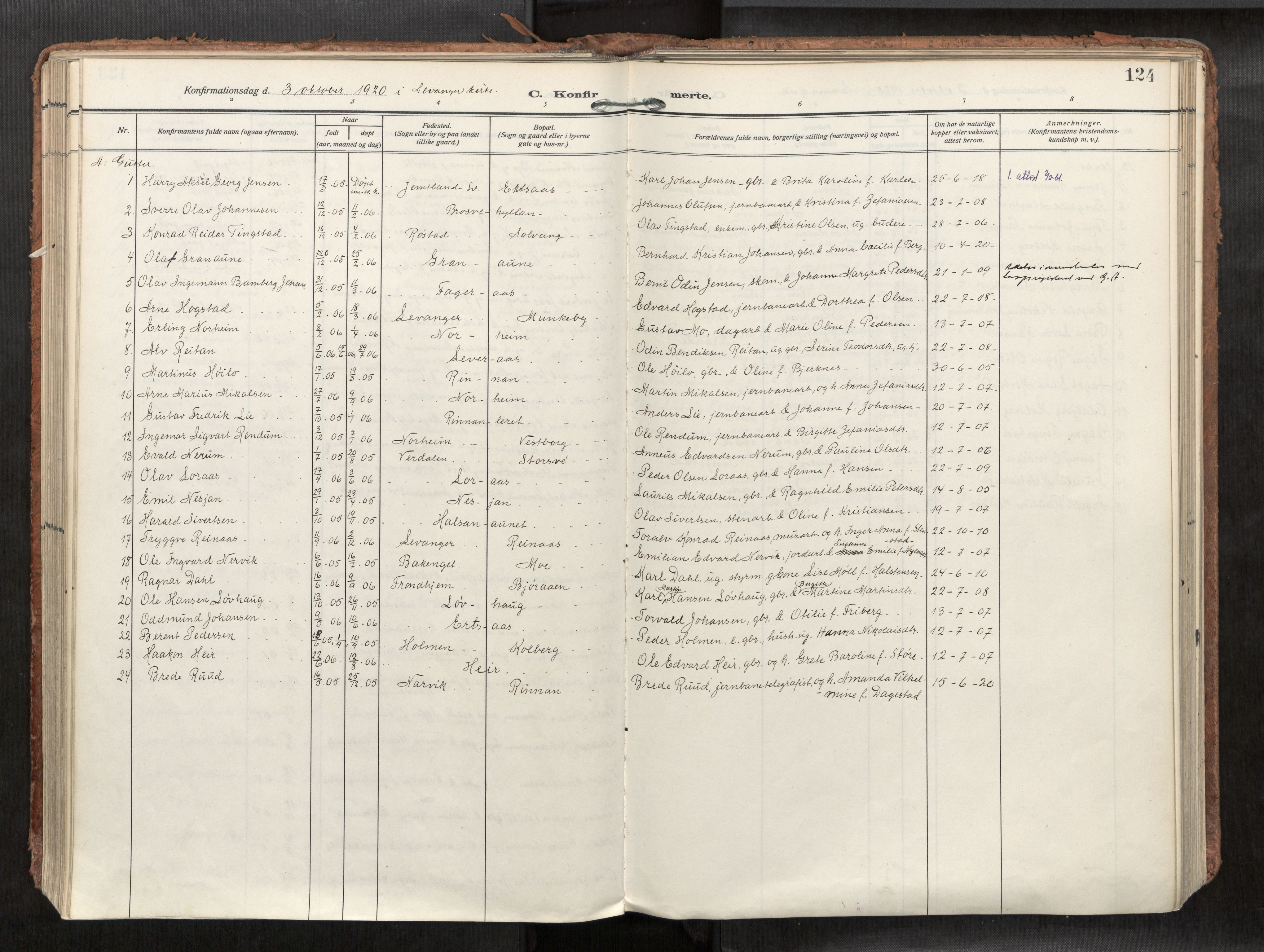 Levanger sokneprestkontor, SAT/A-1301/2/H/Haa/L0002: Parish register (official) no. 2, 1912-1935, p. 124