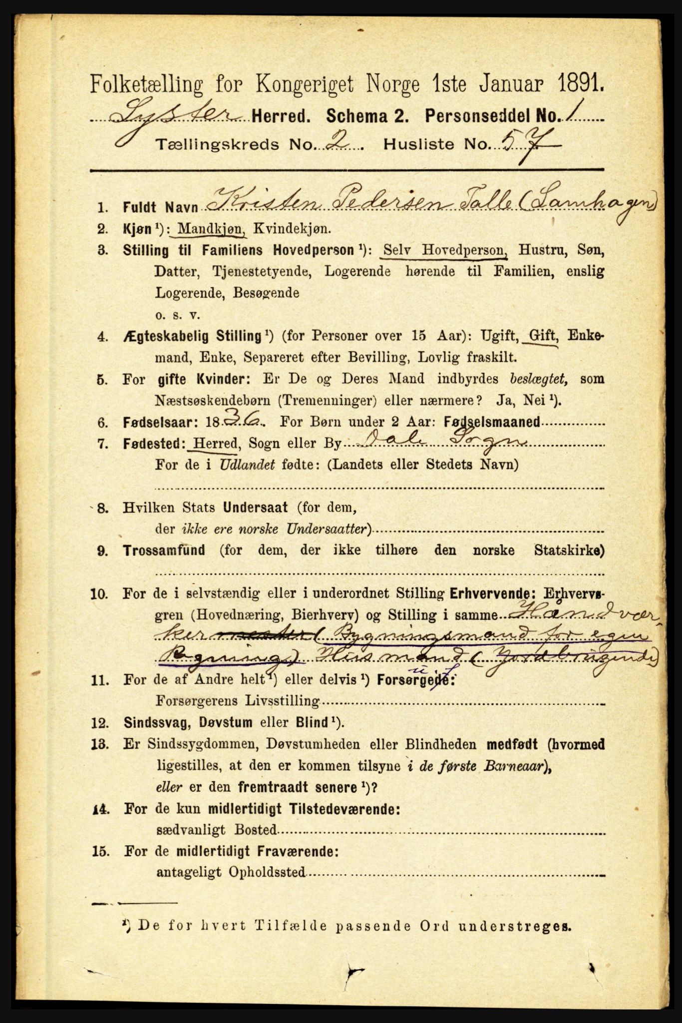 RA, 1891 census for 1426 Luster, 1891, p. 1096