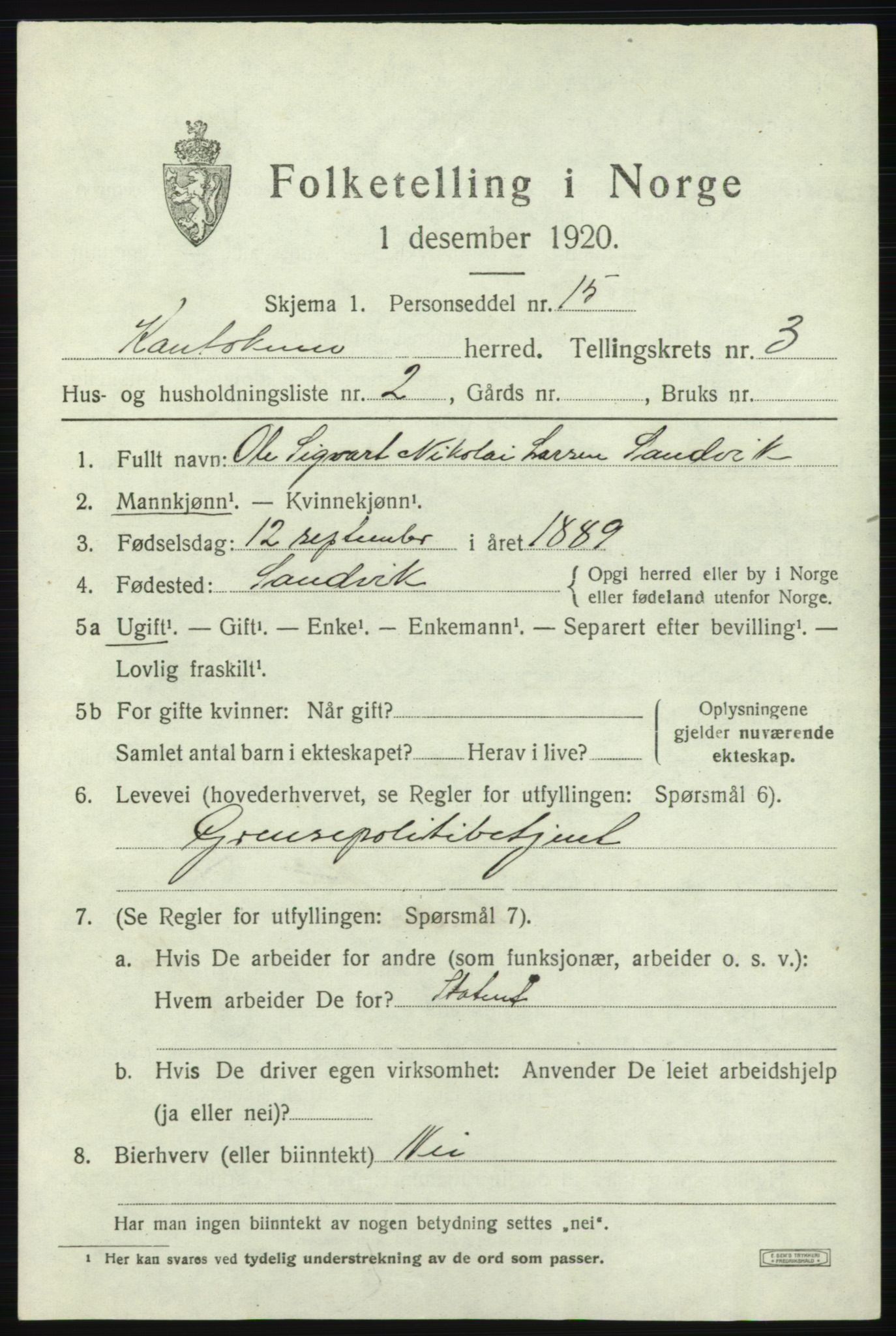 SATØ, 1920 census for Kautokeino, 1920, p. 1453